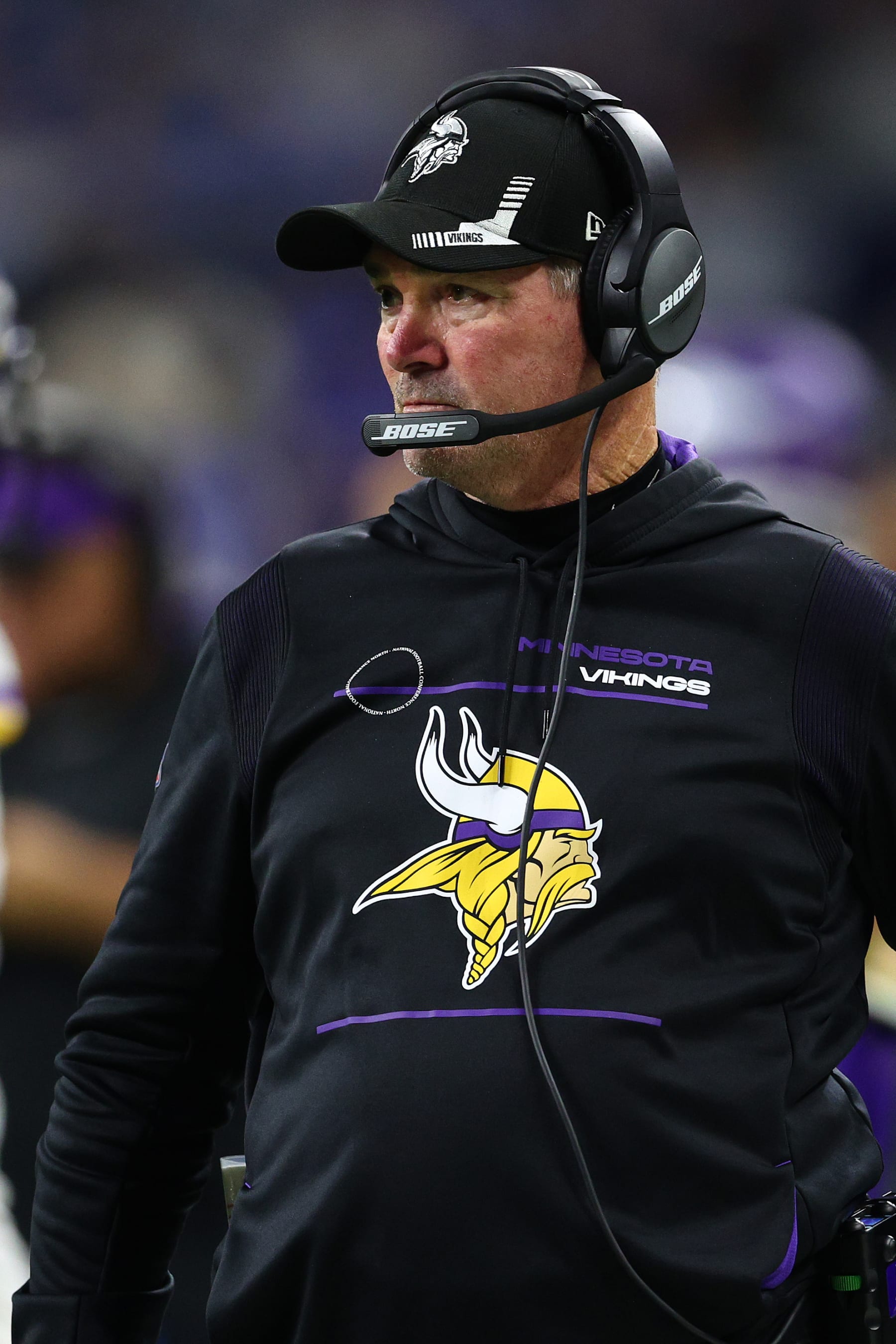 DETROIT, MICHIGAN - DECEMBER 05: Head coach Mike Zimmer of the Minnesota Vikings while playing the Detroit Lionsat Ford Field on December 05, 2021 in Detroit, Michigan. (Photo by Gregory Shamus/Getty Images)