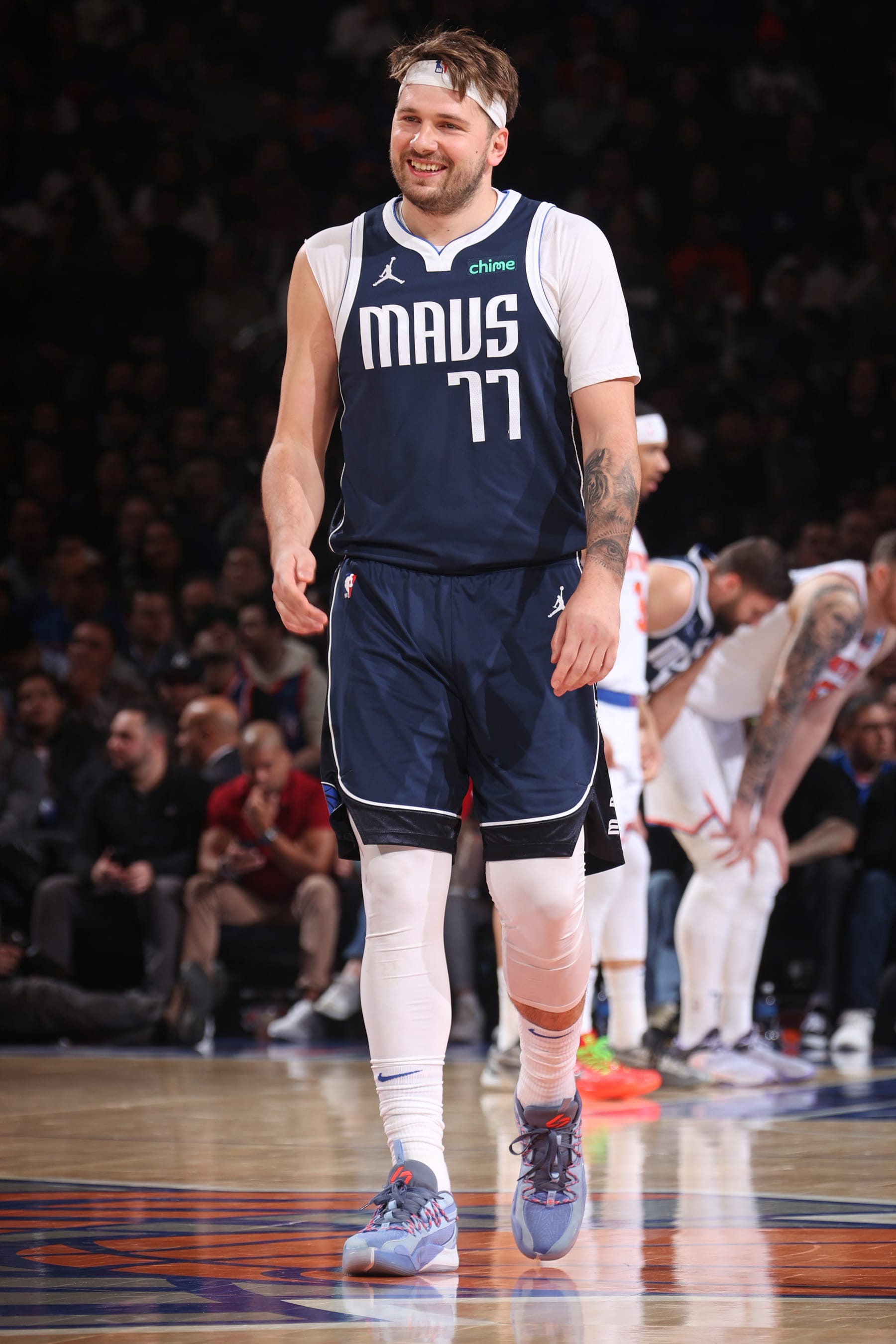 NEW YORK, NY - FEBRUARY 8: Luka Doncic #77 of the Dallas Mavericks smiles during the game against the New York Knicks on February 8, 2024 at Madison Square Garden in New York City, New York.  NOTE TO USER: User expressly acknowledges and agrees that, by downloading and or using this photograph, User is consenting to the terms and conditions of the Getty Images License Agreement. Mandatory Copyright Notice: Copyright 2024 NBAE  (Photo by Nathaniel S. Butler/NBAE via Getty Images)