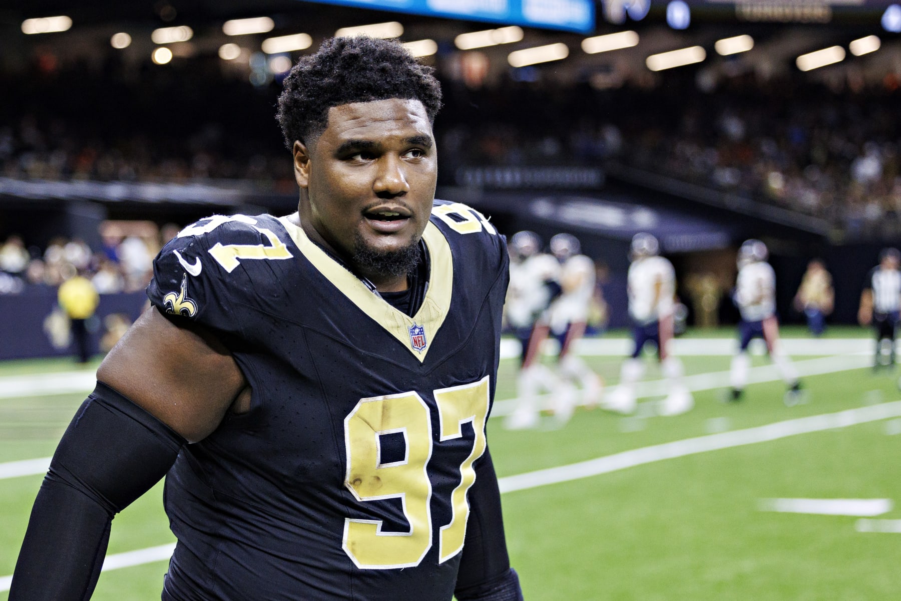 NEW ORLEANS, LOUISIANA - NOVEMBER 05: Malcolm Roach #97 of the New Orleans Saints walks to the sidelines during a game against the Chicago Bears at Caesars Superdome on November 5, 2023 in New Orleans, Louisiana. The Saints defeated the Bears 24-17. (Photo by Wesley Hitt/Getty Images) NEW ORLEANS, LOUISIANA - NOVEMBER 05: Malcolm Roach #97 of the New Orleans Saints walks to the sidelines during a game against the Chicago Bears at Caesars Superdome on November 5, 2023 in New Orleans, Louisiana. The Saints defeated the Bears 24-17. (Photo by Wesley Hitt/Getty Images)