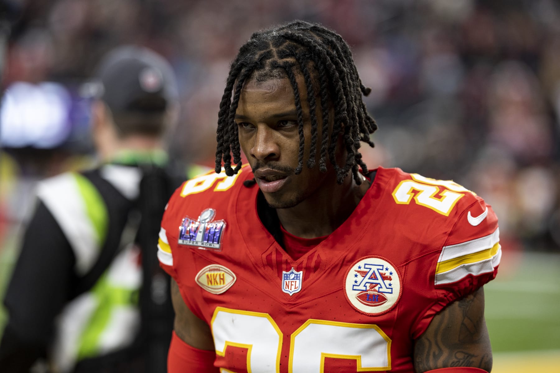LAS VEGAS, NEVADA - FEBRUARY 11: Deon Bush #26 of the Kansas City Chiefs walks of the field prior to the NFL Super Bowl 58 football game between the San Francisco 49ers and the Kansas City Chiefs at Allegiant Stadium on February 11, 2024 in Las Vegas, Nevada. (Photo by Michael Owens/Getty Images) LAS VEGAS, NEVADA - FEBRUARY 11: Deon Bush #26 of the Kansas City Chiefs walks of the field prior to the NFL Super Bowl 58 football game between the San Francisco 49ers and the Kansas City Chiefs at Allegiant Stadium on February 11, 2024 in Las Vegas, Nevada. (Photo by Michael Owens/Getty Images)