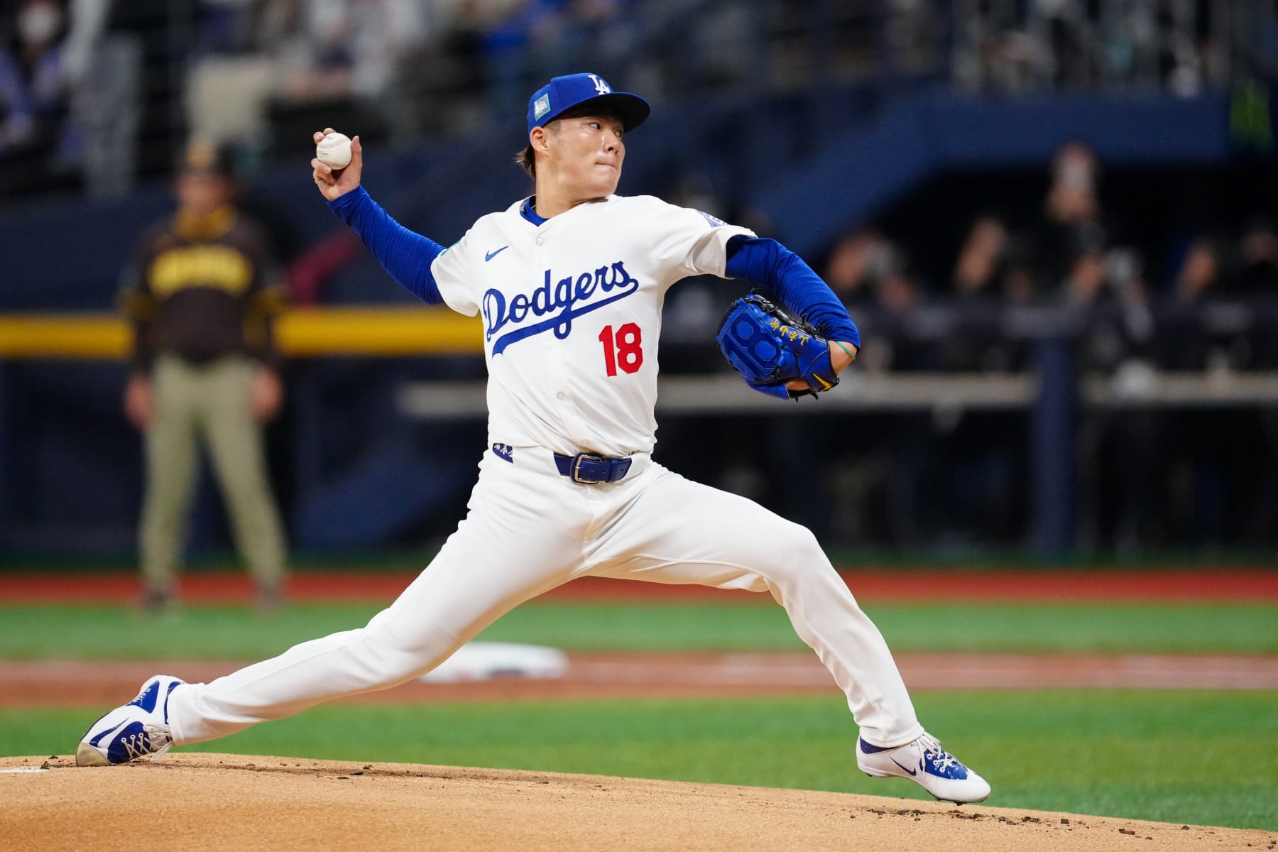 SEOUL, SOUTH KOREA - MARCH 21: Yoshinobu Yamamoto #18 of the Los Angeles Dodgers pitches during the 2024 Seoul Series game between the San Diego Padres and the Los Angeles Dodgers at Gocheok Sky Dome on Thursday, March 21, 2024 in Seoul, California. (Photo by Mary DeCicco/MLB Photos via Getty Images)