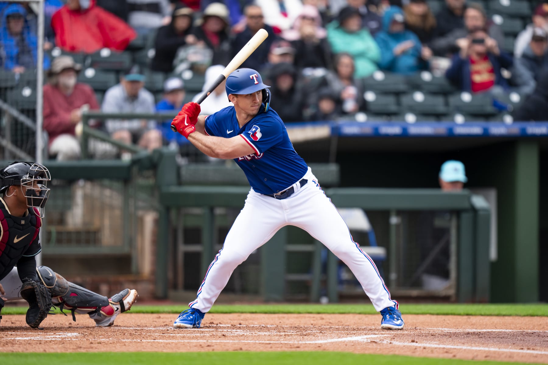 SURPRISE, AZ - MARCH 07: Wyatt Langford #82 of the Texas Rangers bats during a spring training game against the Arizona Diamondbacks at Surprise Stadium on March 07, 2024 in Surprise, Arizona. (Photo by Bailey Orr/Texas Rangers/Getty Images)