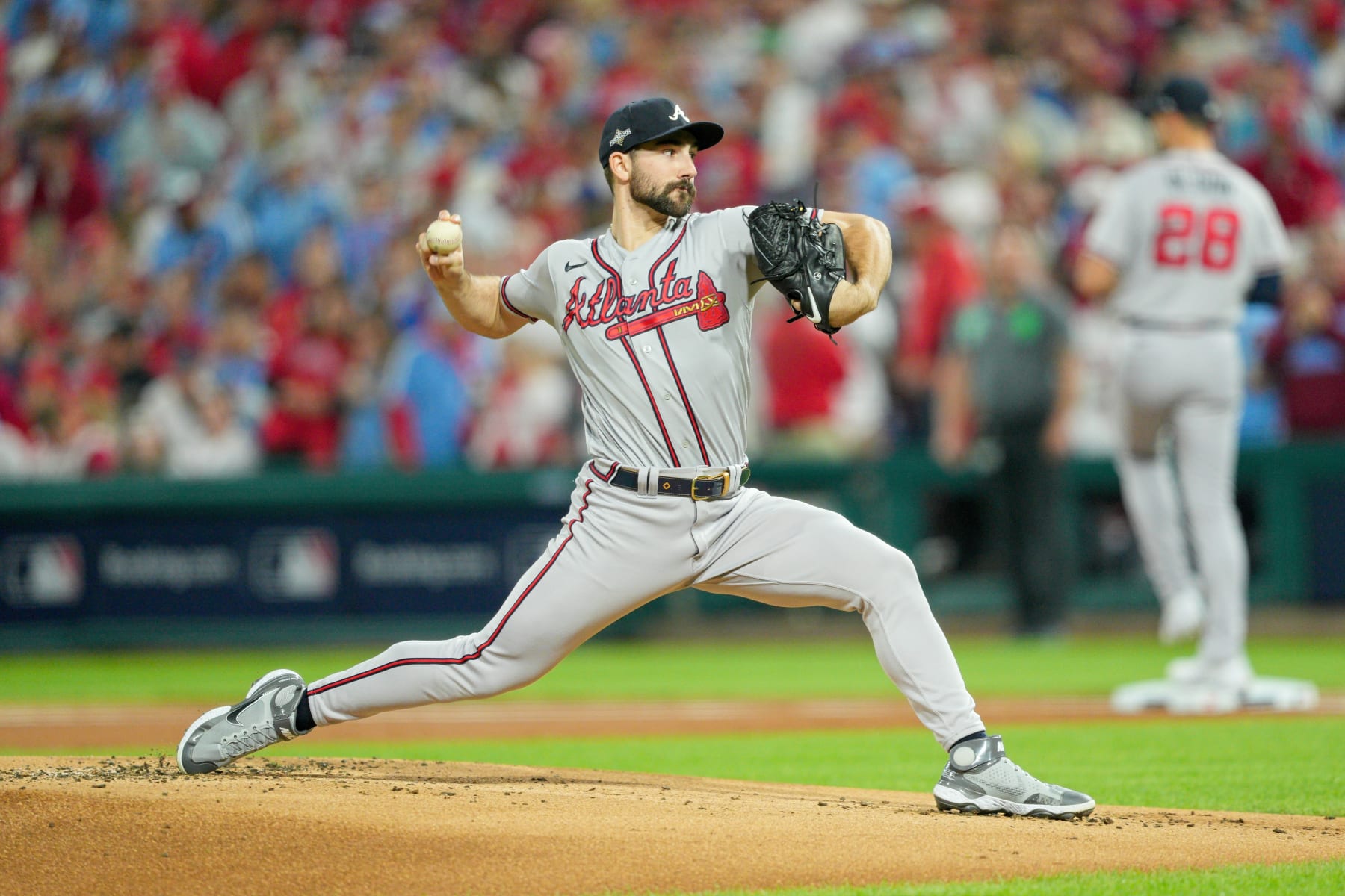 PHILADELPHIA, PA - OCTOBER 12: Atlanta Braves starting pitcher Spencer Strider (99) delivers a pitch during game four of the NLDS game between the Atlanta Braves and the Philadelphia Phillies on October 12, 2023, at Citizens Bank Park. (Photo by Andy Lewis/Icon Sportswire via Getty Images)