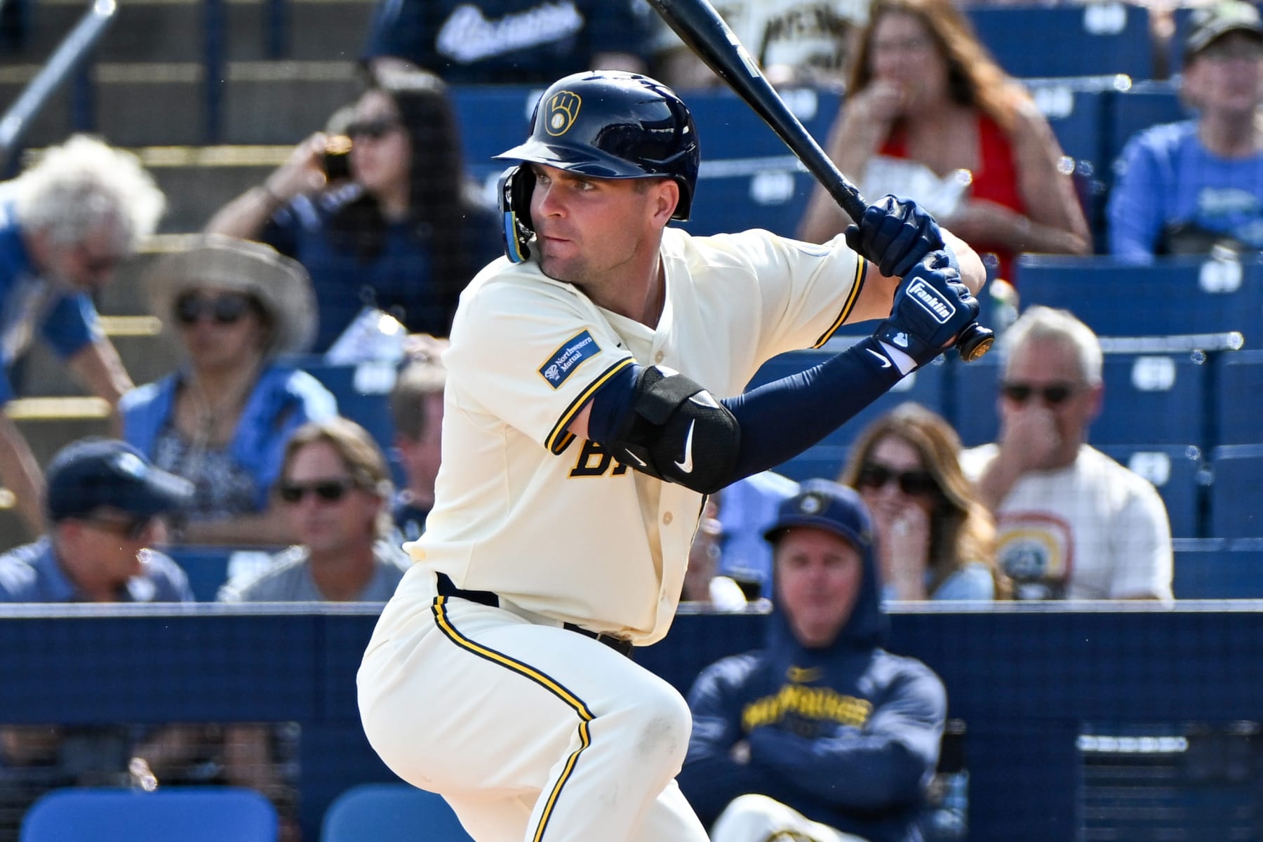 PHOENIX, ARIZONA - FEBRUARY 25, 2024: Tyler Black #86 of the Milwaukee Brewers bats during the first inning of a spring training game against the Colorado Rockies at American Family Fields of Phoenix on February 25, 2024 in Phoenix, Arizona. (Photo by David Durochik/Diamond Images via Getty Images)