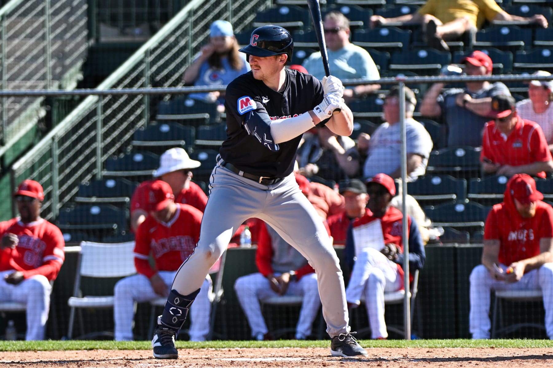 TEMPE, ARIZONA - FEBRUARY 29, 2024: Kyle Manzardo #73 of the Cleveland Guardians bats during the eighth inning of a spring training game against the Los Angeles Angels at Tempe Diablo Stadium on February 29, 2024 in Tempe, Arizona. (Photo by David Durochik/Diamond Images via Getty Images)