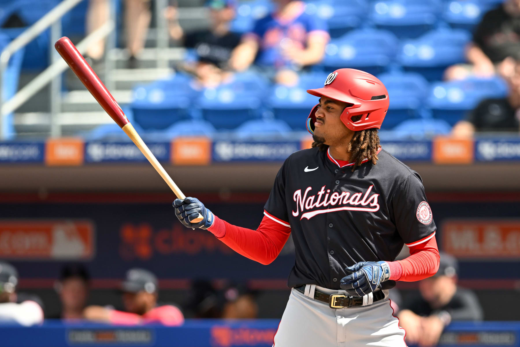 PORT ST. LUCIE, FLORIDA - MARCH 15, 2024: James Wood #50 of the Washington Nationals bats during the first inning of a spring training Spring Breakout game against the New York Mets at Clover Park on March 15, 2024 in Port St. Lucie, Florida. (Photo by Nick Cammett/Diamond Images via Getty Images)