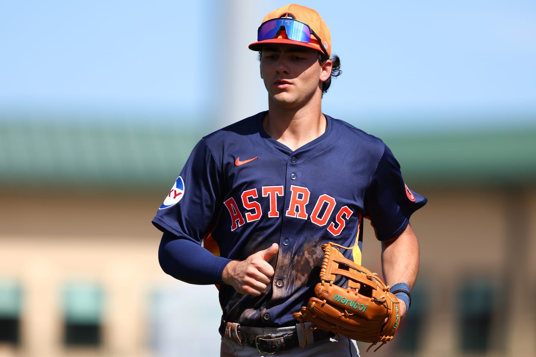JUPITER, FLORIDA - FEBRUARY 28: Joey Loperfido #83 of the Houston Astros looks on against the Miami Marlins during the third inning in a spring training game at Roger Dean Stadium on February 28, 2024 in Jupiter, Florida. (Photo by Megan Briggs/Getty Images)
