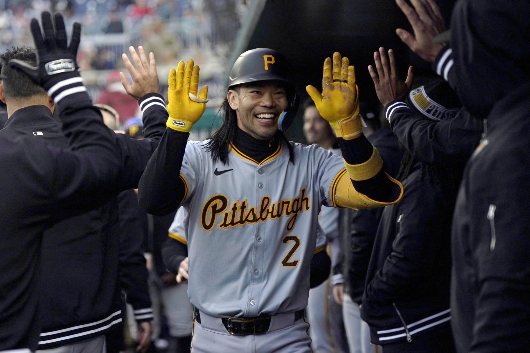 WASHINGTON, DC - APRIL 04: Connor Joe #2 of the Pittsburgh Pirates celebrates his two-run home run against the Washington Nationals in the fifth inning at Nationals Park on April 04, 2024 in Washington, DC. (Photo by Jess Rapfogel/Getty Images) WASHINGTON, DC - APRIL 04: Connor Joe #2 of the Pittsburgh Pirates celebrates his two-run home run against the Washington Nationals in the fifth inning at Nationals Park on April 04, 2024 in Washington, DC. (Photo by Jess Rapfogel/Getty Images)