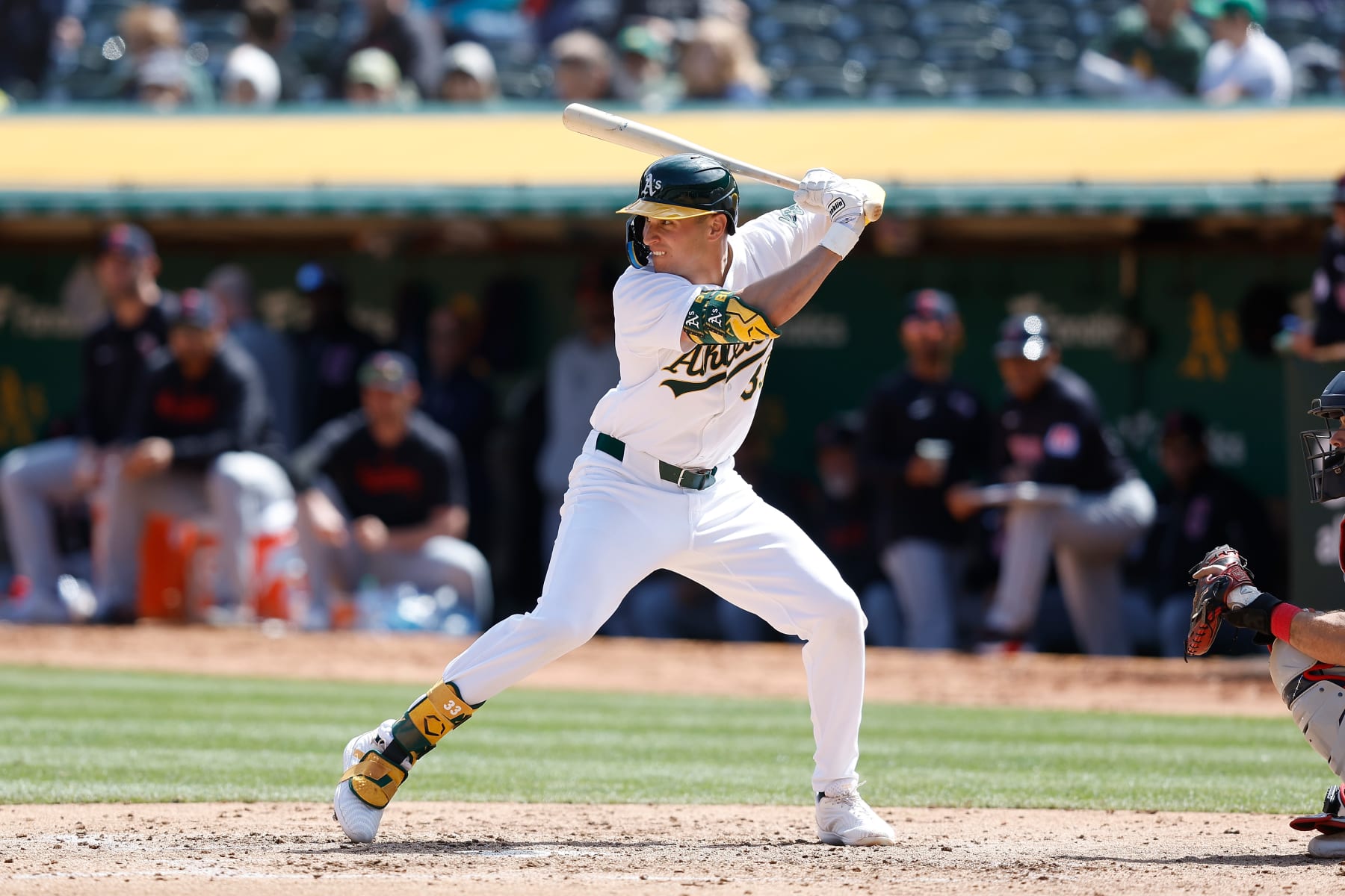 OAKLAND, CALIFORNIA - MARCH 30: JJ Bleday #33 of the Oakland Athletics at bat against the Cleveland Guardians at Oakland Coliseum on March 30, 2024 in Oakland, California. (Photo by Lachlan Cunningham/Getty Images) OAKLAND, CALIFORNIA - MARCH 30: JJ Bleday #33 of the Oakland Athletics at bat against the Cleveland Guardians at Oakland Coliseum on March 30, 2024 in Oakland, California. (Photo by Lachlan Cunningham/Getty Images)
