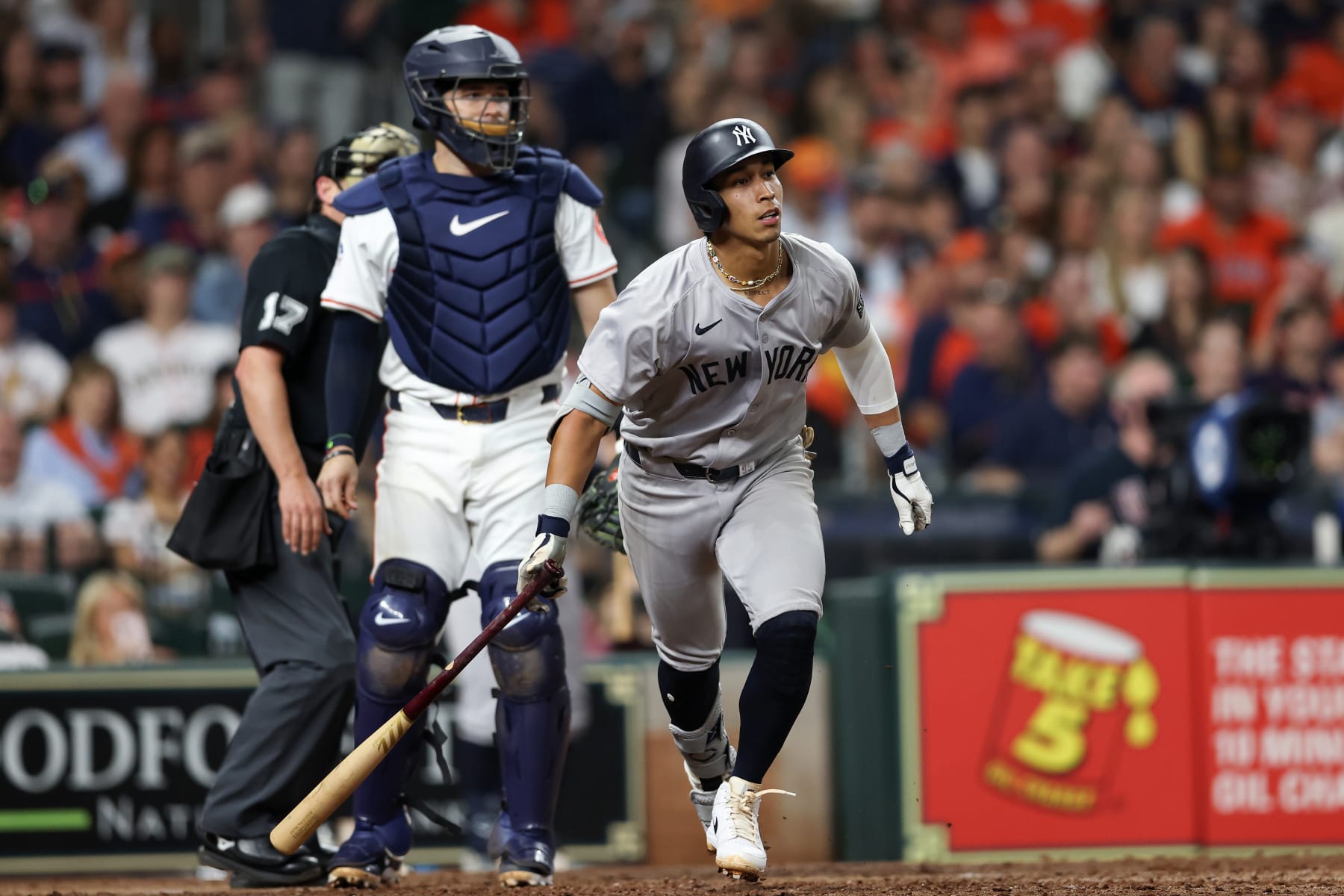 HOUSTON, TEXAS - MARCH 30: Oswaldo Cabrera #95 of the New York Yankees hits a two run home run in the seventh inning against the Houston Astros at Minute Maid Park on March 30, 2024 in Houston, Texas. (Photo by Tim Warner/Getty Images) HOUSTON, TEXAS - MARCH 30: Oswaldo Cabrera #95 of the New York Yankees hits a two run home run in the seventh inning against the Houston Astros at Minute Maid Park on March 30, 2024 in Houston, Texas. (Photo by Tim Warner/Getty Images)