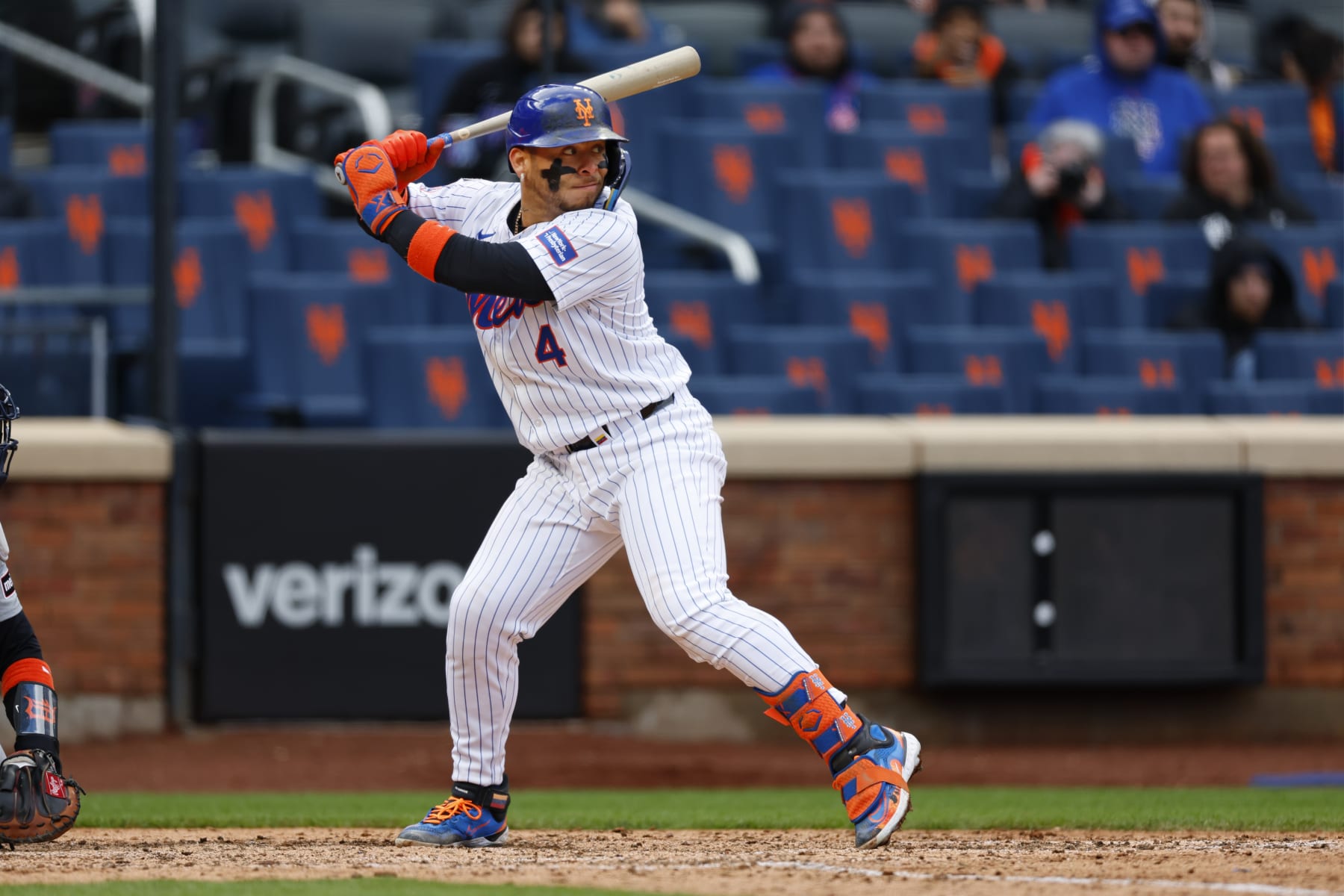 NEW YORK, NEW YORK - APRIL 4: Francisco Alvarez #4 of the New York Mets in action against the Detroit Tigers during game one of a double header at Citi Field on April 4, 2024 in New York City. (Photo by Rich Schultz/Getty Images)