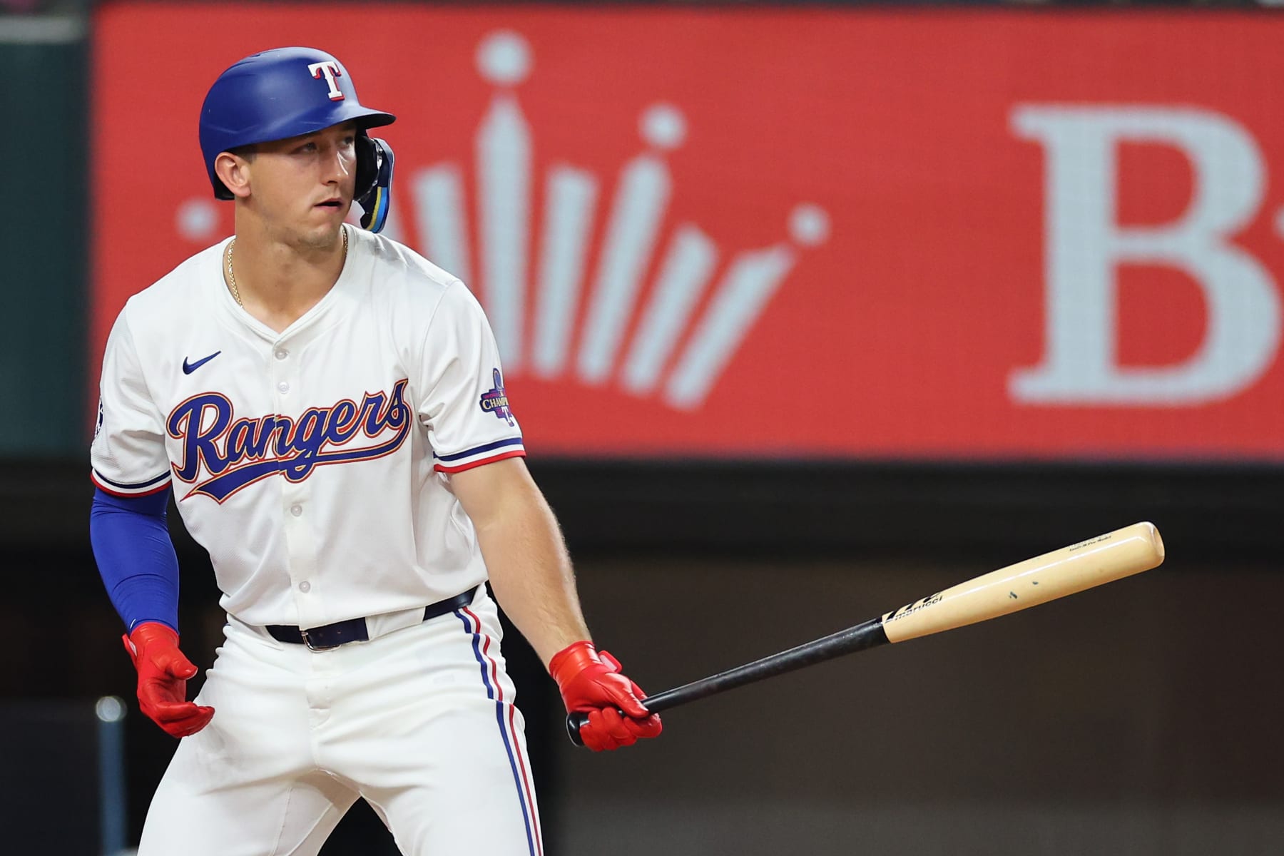 ARLINGTON, TEXAS - MARCH 30: Wyatt Langford #36 of the Texas Rangers at bat during a game against the Chicago Cubs at Globe Life Field on March 30, 2024 in Arlington, Texas. (Photo by Stacy Revere/Getty Images)