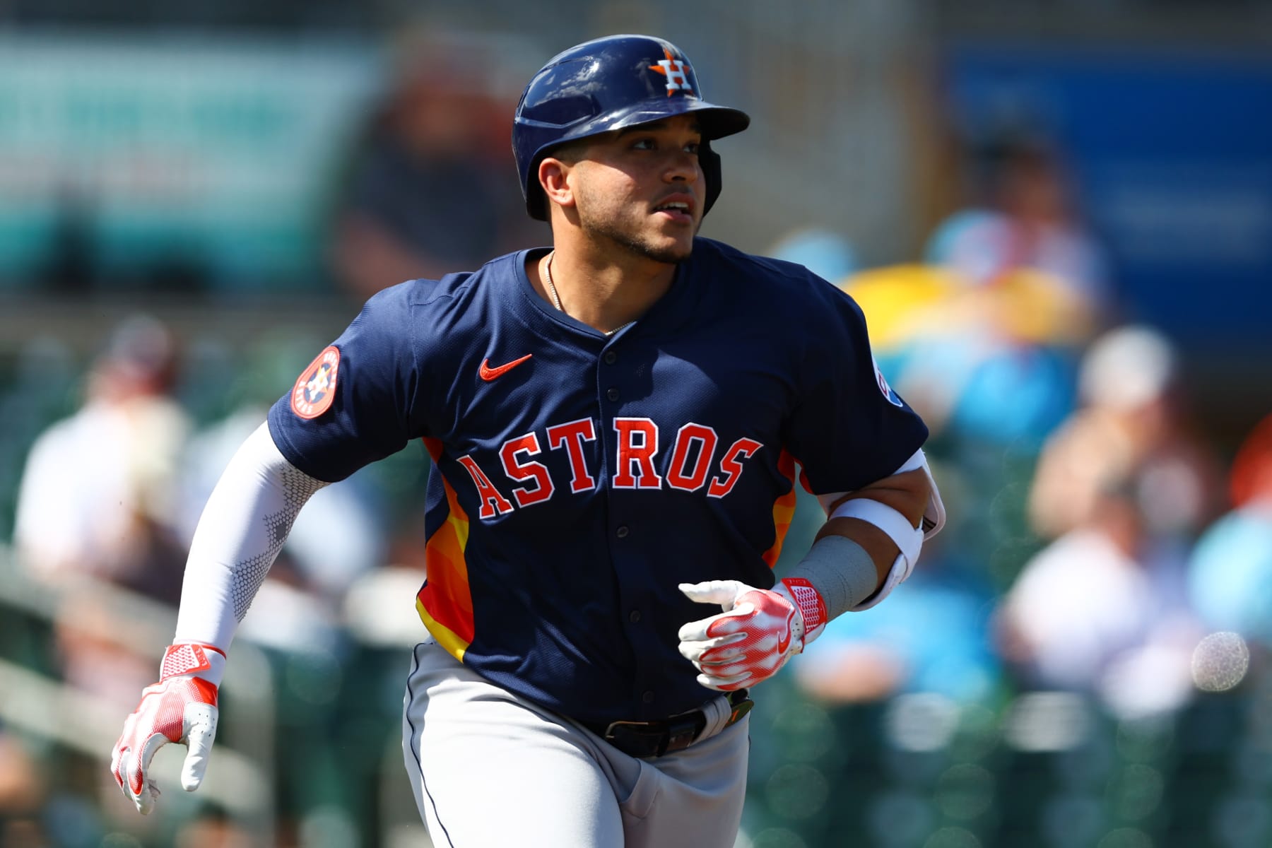 JUPITER, FLORIDA - FEBRUARY 28: Yainer Diaz #21 of the Houston Astros in action against the Miami Marlins during the third inning in a spring training game at Roger Dean Stadium on February 28, 2024 in Jupiter, Florida. (Photo by Megan Briggs/Getty Images)