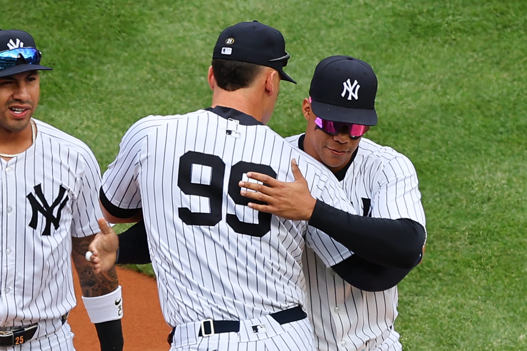 BRONX, NY - APRIL 05:  Aaron Judge #99 of the New York Yankees hogs Juan Soto #22 hug during player introductions prior to the game against the Toronto Blue Jays on April 5, 2024 at Yankee Stadium in the Bronx, New York.  (Photo by Rich Graessle/Icon Sportswire via Getty Images)