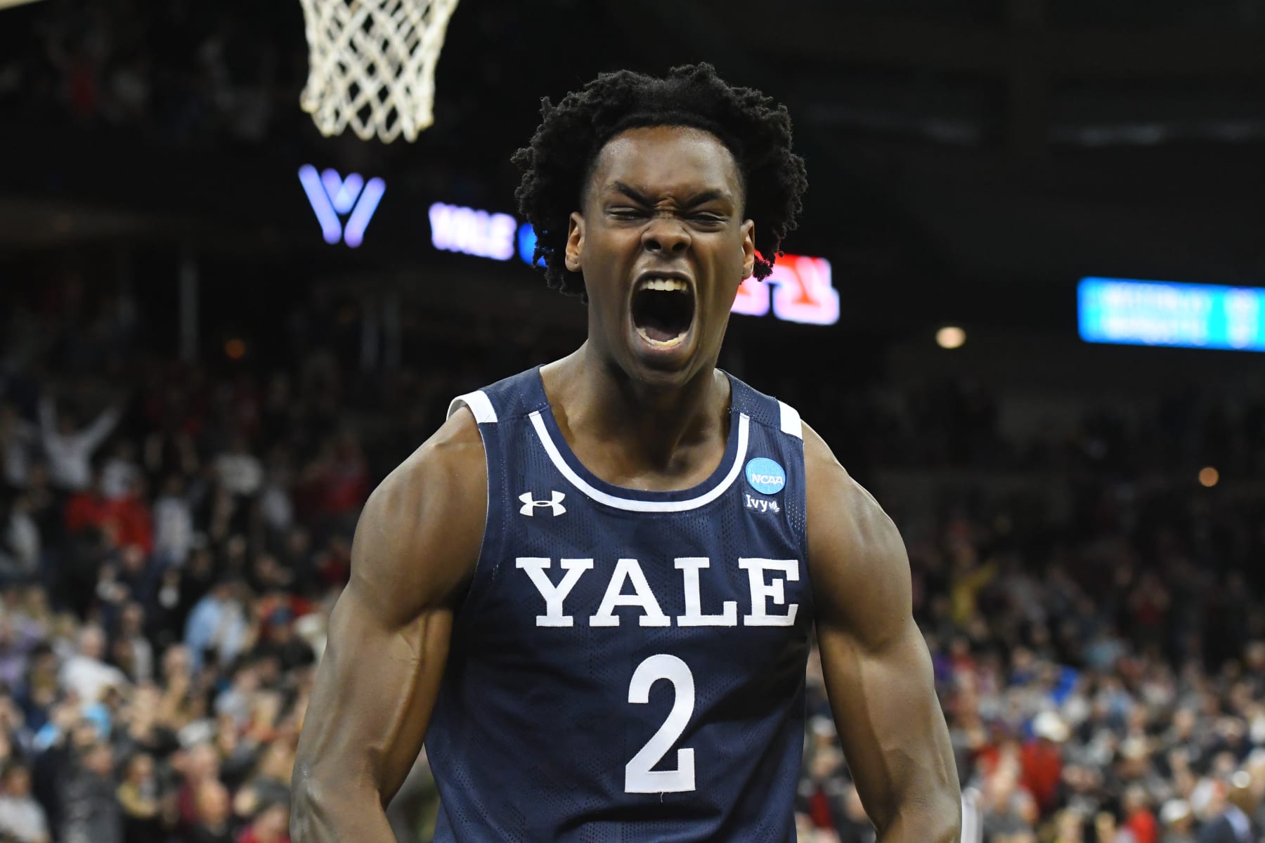 SPOKANE, WASHINGTON - MARCH 22: Bez Mbeng #2 of the Yale Bulldogs celebrates his team's 78-76 win over Auburn Tigers during the first round of the 2024 NCAA Men's Basketball Tournament held at Spokane Veterans Memorial Arena on March 22, 2024 in Spokane, Washington. (Photo by Myk Crawford/NCAA Photos via Getty Images)