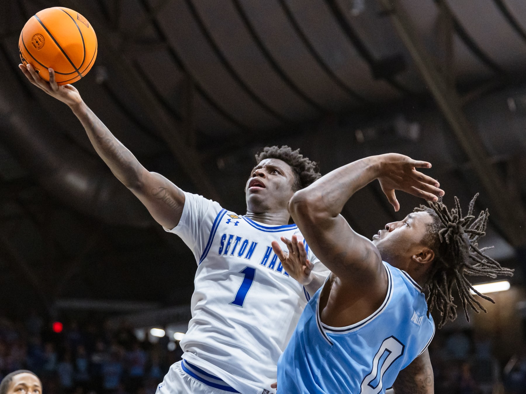 INDIANAPOLIS, INDIANA - APRIL 04: Kadary Richmond #1 of the Seton Hall Pirates shoots the ball against Xavier Bledson #0 of the Indiana State Sycamores during the second half in the NIT championship at Hinkle Fieldhouse on April 4, 2024 in Indianapolis, Indiana. (Photo by Michael Hickey/Getty Images)