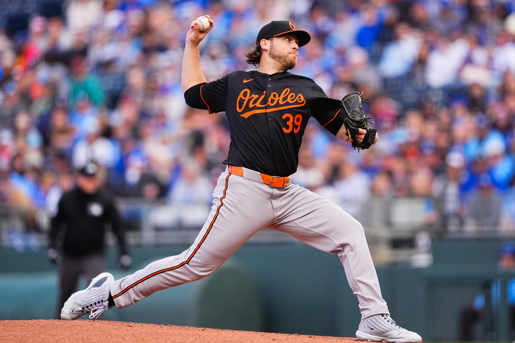 KANSAS CITY, MISSOURI - APRIL 20: Corbin Burnes #39 of the Baltimore Orioles pitches against the Kansas City Royals during the first inning at Kauffman Stadium on April 20, 2024 in Kansas City, Missouri. (Photo by Kyle Rivas/Getty Images)