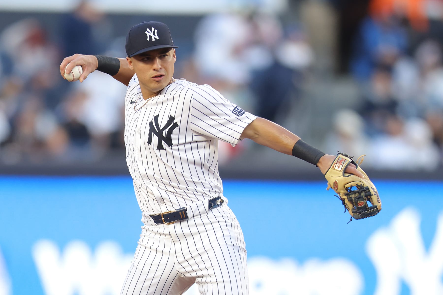 NEW YORK, NEW YORK - APRIL 24: Anthony Volpe #11 of the New York Yankees warms up prior to the start of the game against the Oakland Athletics at Yankee Stadium on April 24, 2024 in New York City. New York Yankees defeated the Oakland Athletics 7-3. (Photo by Mike Stobe/Getty Images)