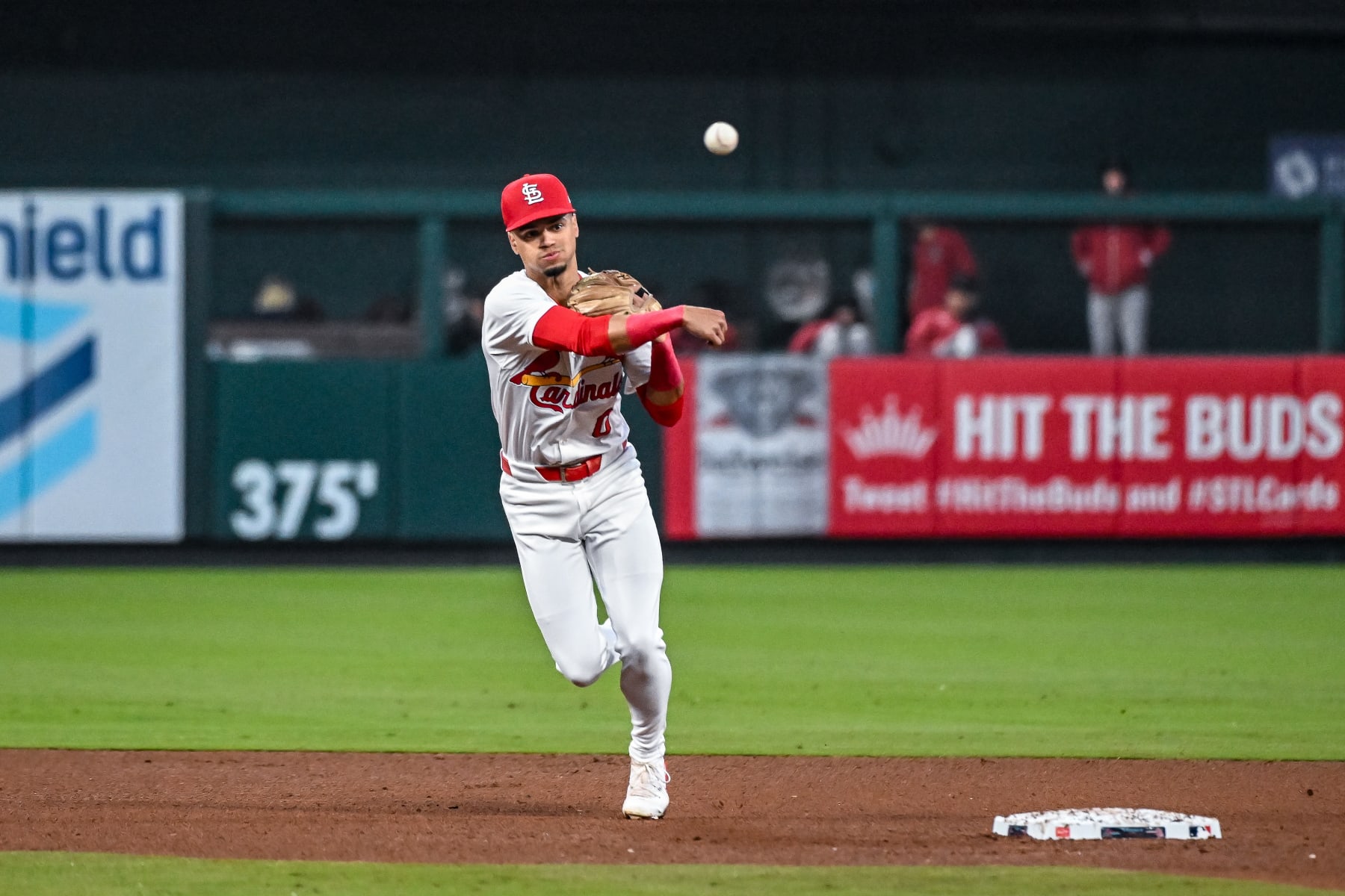 ST. LOUIS, MO - APRIL 23: St. Louis Cardinals shortstop Masyn Winn (0) throws to first for an out during a game between the Arizona Diamondbacks and the St. Louis Cardinals on Tuesday April 23, 2024, at Busch Stadium in St. Louis MO (Photo by Rick Ulreich/Icon Sportswire via Getty Images)