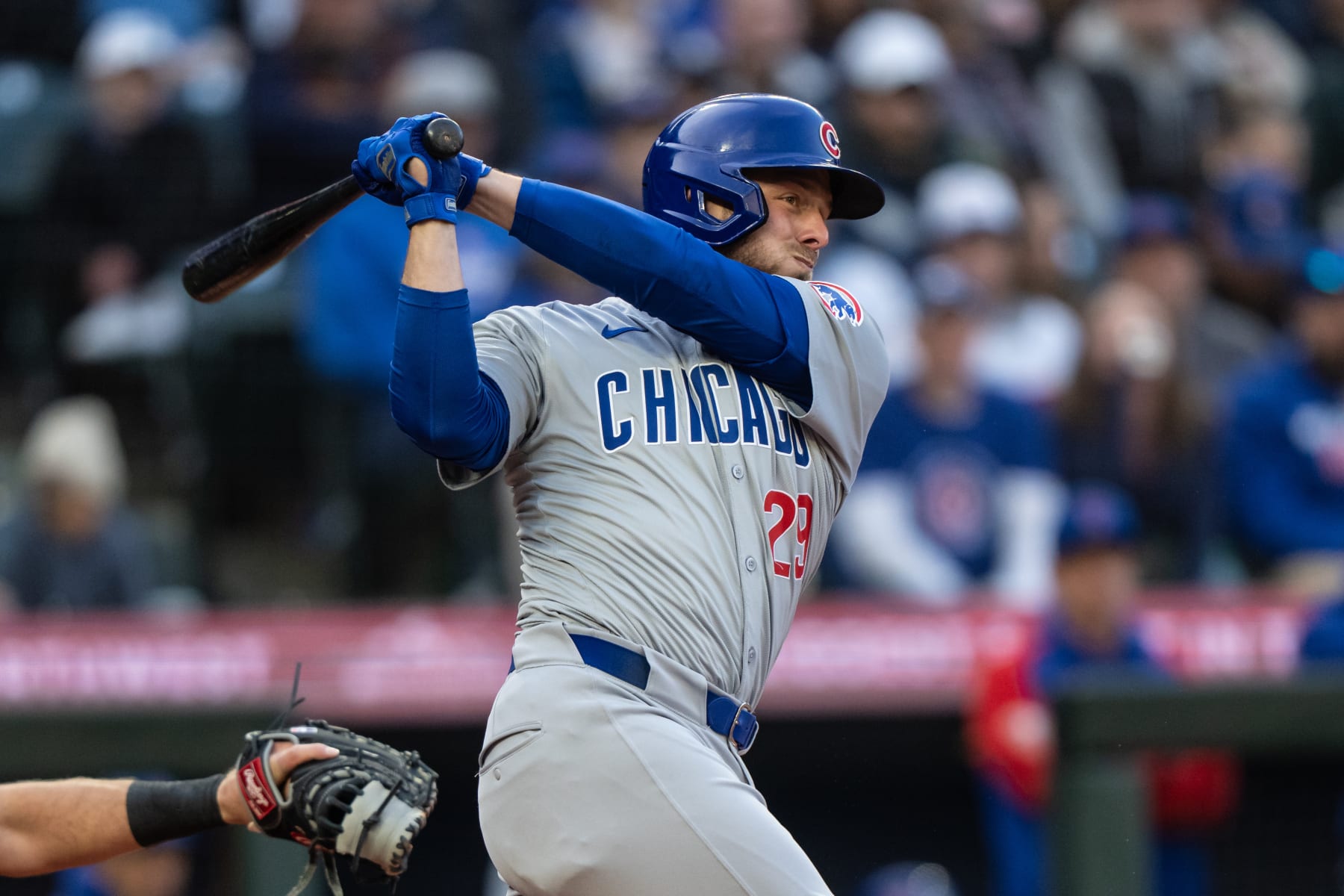 SEATTLE, WA - APRIL 12: Michael Busch #29 of the Chicago Cubs takes a swing during an at-bat in a game against the Seattle Mariners at T-Mobile Park on April 12, 2024 in Seattle, Washington. The Mariners won 4-2. (Photo by Stephen Brashear/Getty Images)