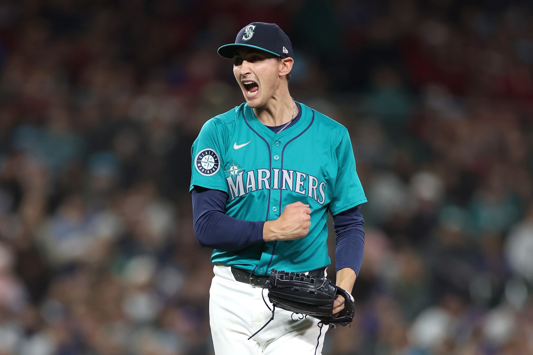 SEATTLE, WASHINGTON - APRIL 27: George Kirby #68 of the Seattle Mariners reacts after a strikeout during the seventh inning Arizona Diamondbacks at T-Mobile Park on April 27, 2024 in Seattle, Washington. (Photo by Steph Chambers/Getty Images)