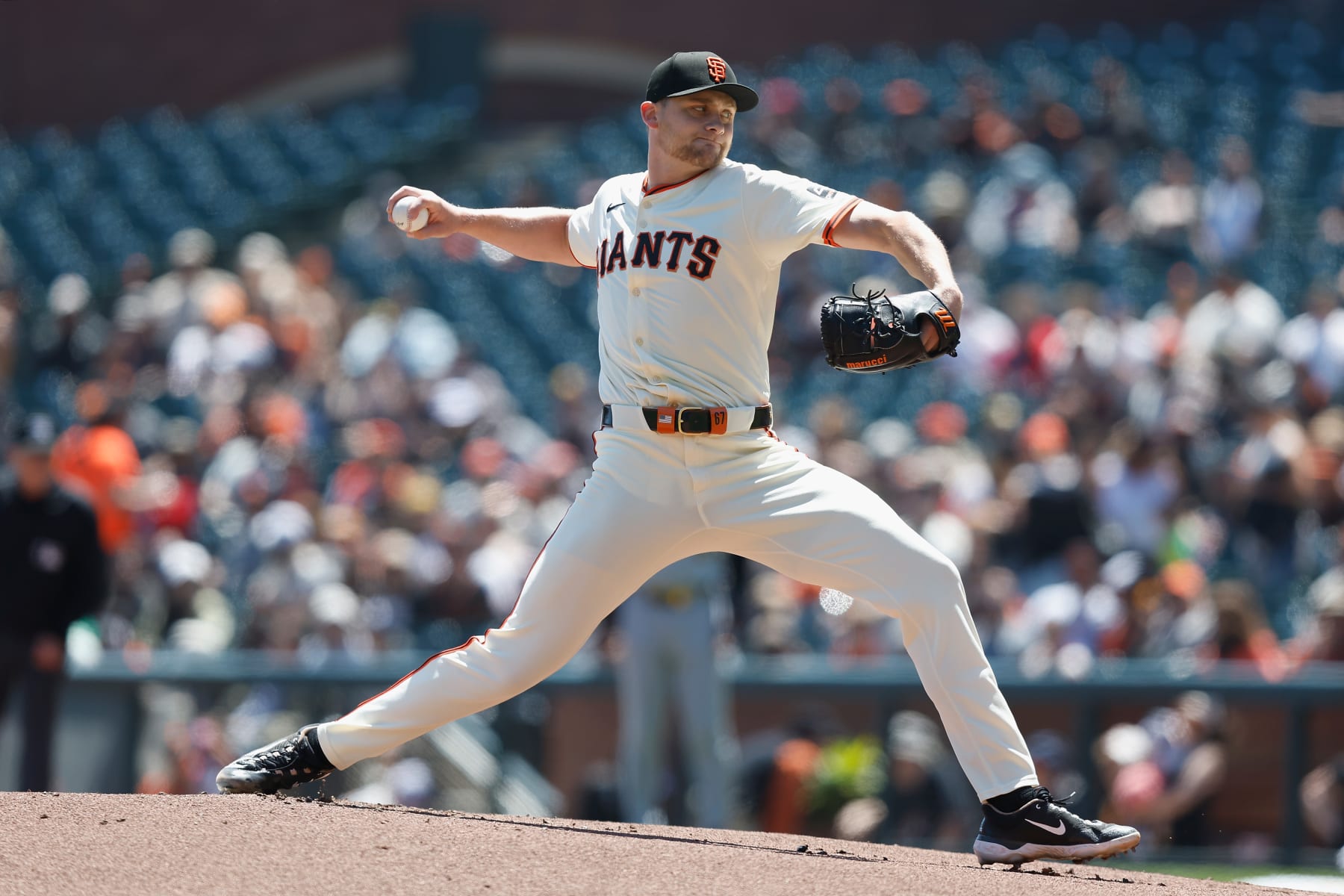 SAN FRANCISCO, CALIFORNIA - APRIL 28: Keaton Winn #67 of the San Francisco Giants pitches in the top of the first inning against the Pittsburgh Pirates at Oracle Park on April 28, 2024 in San Francisco, California. (Photo by Lachlan Cunningham/Getty Images)