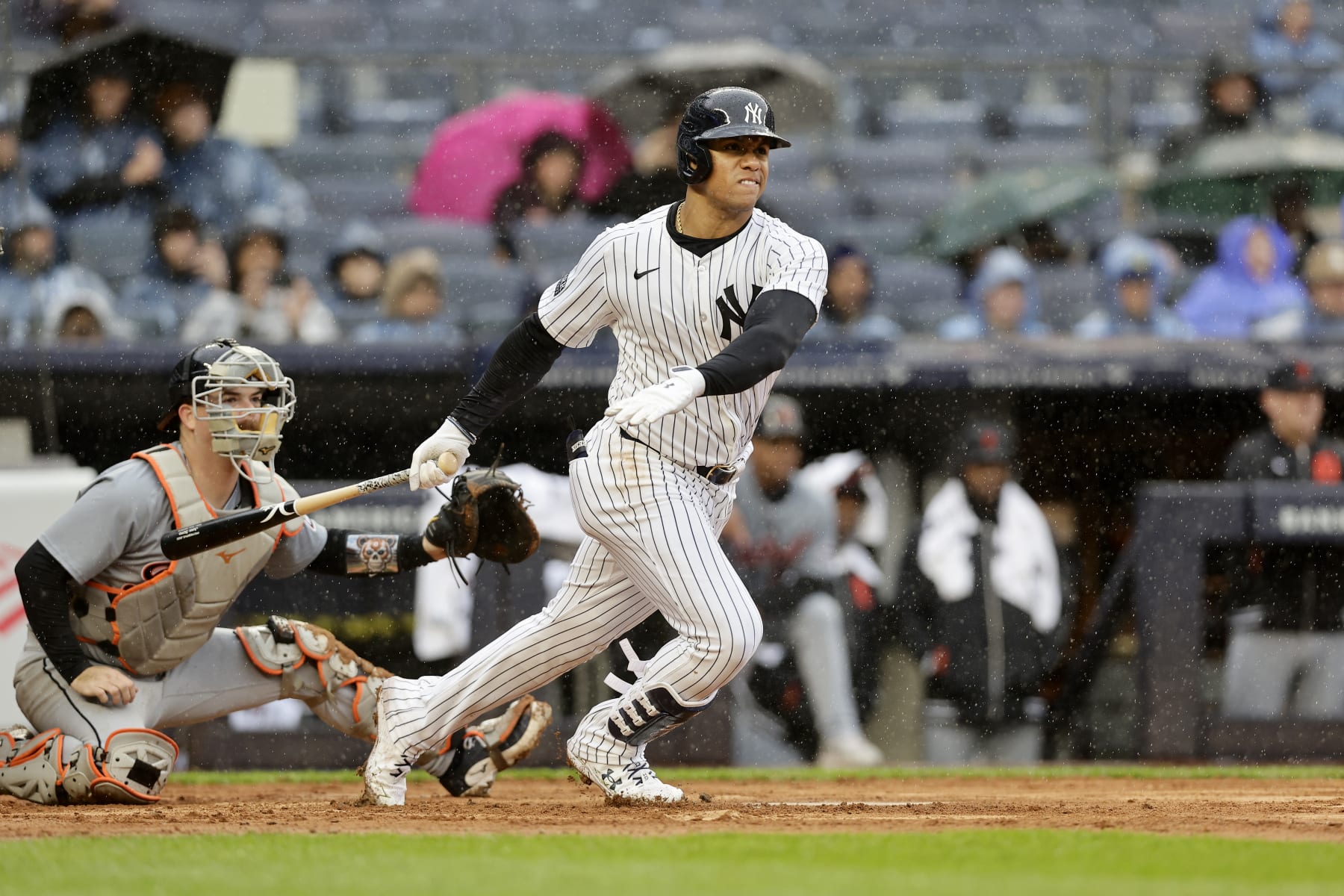 NEW YORK, NEW YORK - MAY 05:  Juan Soto #22 of the New York Yankees follows through on his seventh inning three run double against the Detroit Tigers at Yankee Stadium on May 05, 2024 in New York City. (Photo by Jim McIsaac/Getty Images)