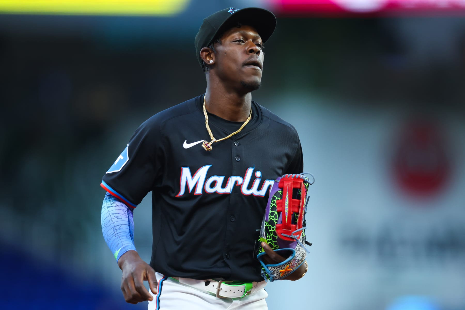 MIAMI, FLORIDA - APRIL 26: Jazz Chisholm Jr. #2 of the Miami Marlins looks on against the Washington Nationals during the first inning at loanDepot park on April 26, 2024 in Miami, Florida. (Photo by Megan Briggs/Getty Images)