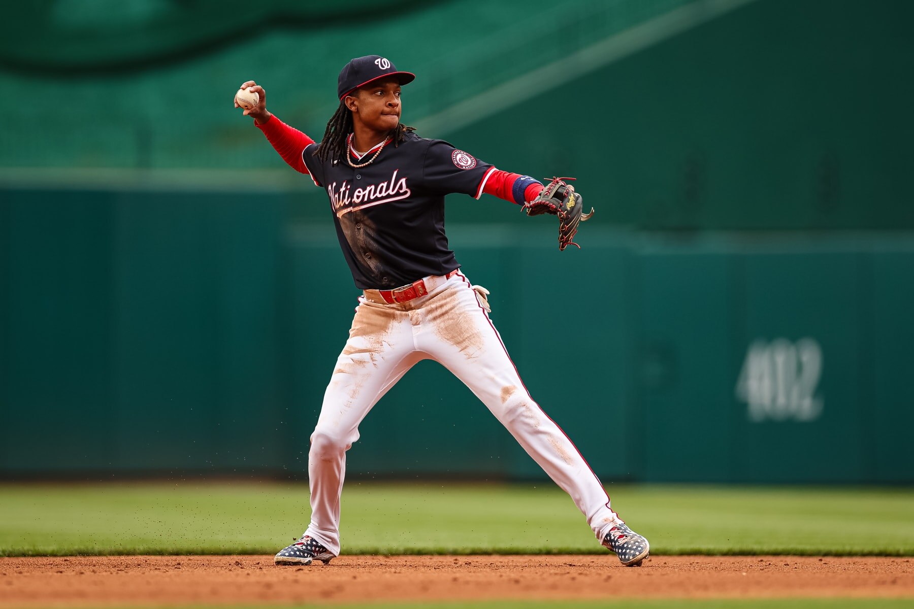 WASHINGTON, DC - APRIL 21: CJ Abrams #5 of the Washington Nationals in action against the Houston Astros during the third inning at Nationals Park on April 21, 2024 in Washington, DC. (Photo by Scott Taetsch/Getty Images)