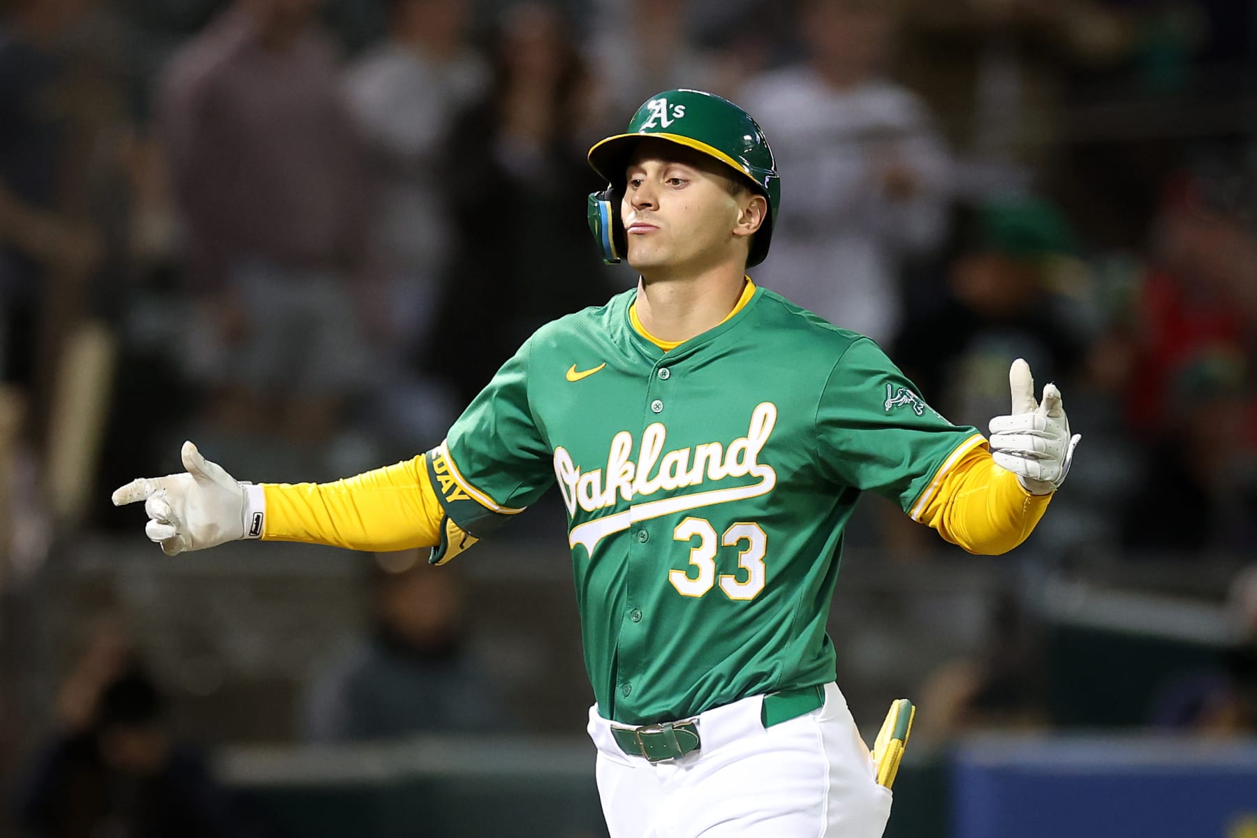 OAKLAND, CALIFORNIA - APRIL 30: JJ Bleday #33 of the Oakland Athletics rounds the bases after hitting a home run against the Pittsburgh Pirates in the fifth inning at Oakland Coliseum on April 30, 2024 in Oakland, California. (Photo by Ezra Shaw/Getty Images)