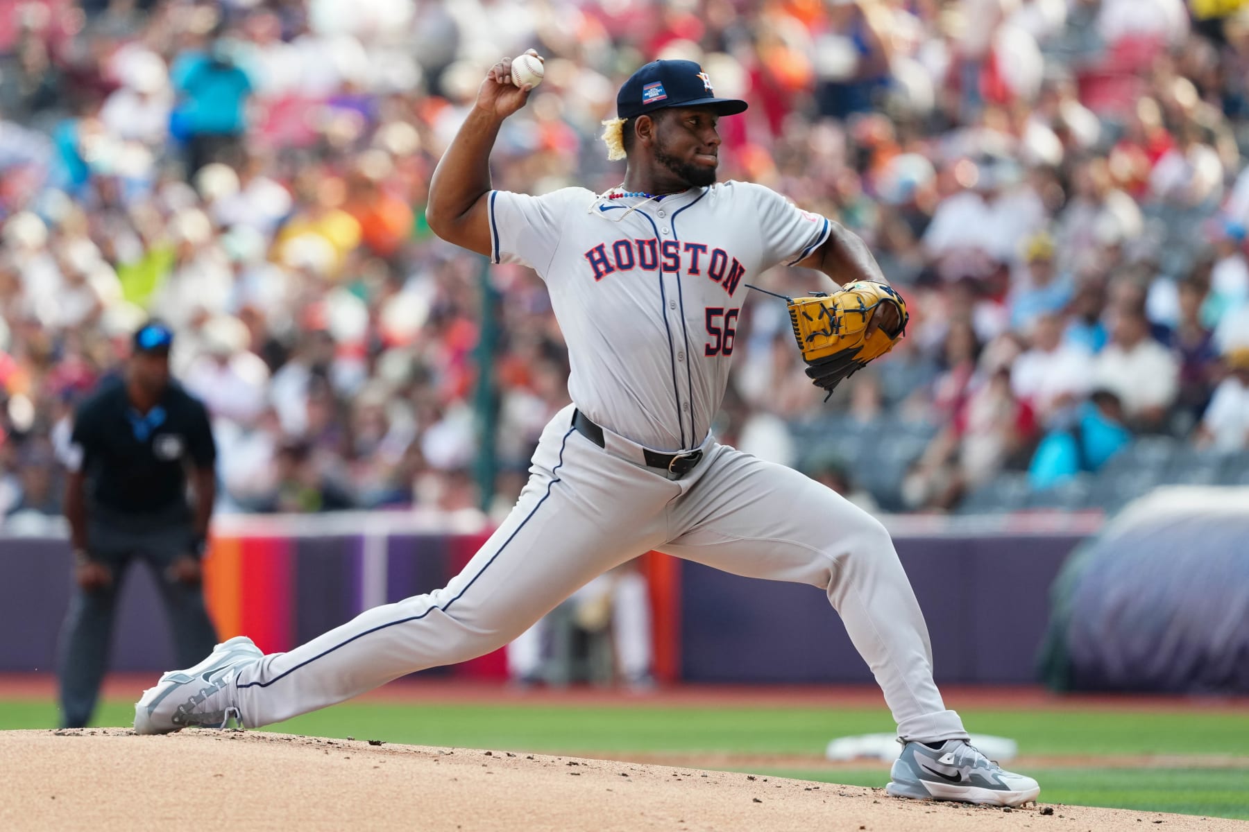 MEXICO CITY, MEXICO - APRIL 27:   Ronel Blanco #56 of the Houston Astros pitches in the first inning during a 2024 Mexico City Series game between the Houston Astros and the Colorado Rockies at Alfredo Harp Helú Stadium on Saturday, April 27, 2024 in Mexico City, Mexico. (Photo by Mary DeCicco/MLB Photos via Getty Images)