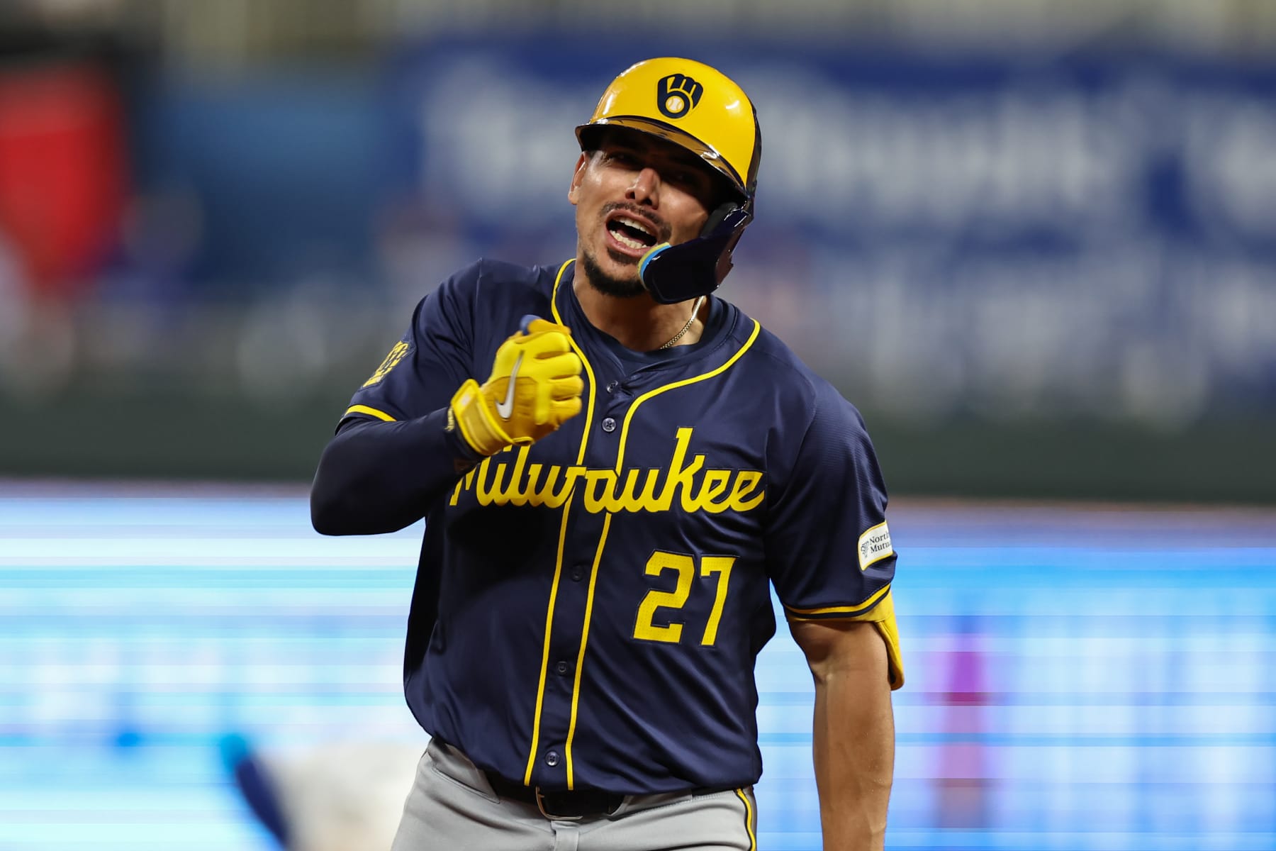 KANSAS CITY, MO - MAY 07: Milwaukee Brewers shortstop Willy Adames (27) pounds his chest to celebrate after hitting a game winning, 3-run home run with 2 outs in the ninth inning of an MLB game between the Milwaukee Brewers and Kansas City Royals on May 7, 2024 at Kauffman Stadium in Kansas City, MO. (Photo by Scott Winters/Icon Sportswire via Getty Images)