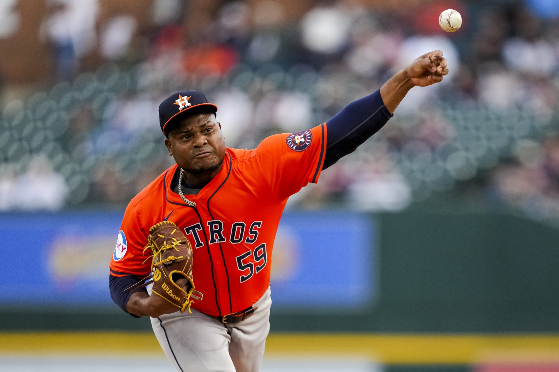 DETROIT, MICHIGAN - MAY 10: Framber Valdez #59 of the Houston Astros delivers a pitch against the Detroit Tigers during the bottom of the first inning at Comerica Park on May 10, 2024 in Detroit, Michigan. (Photo by Nic Antaya/Getty Images)