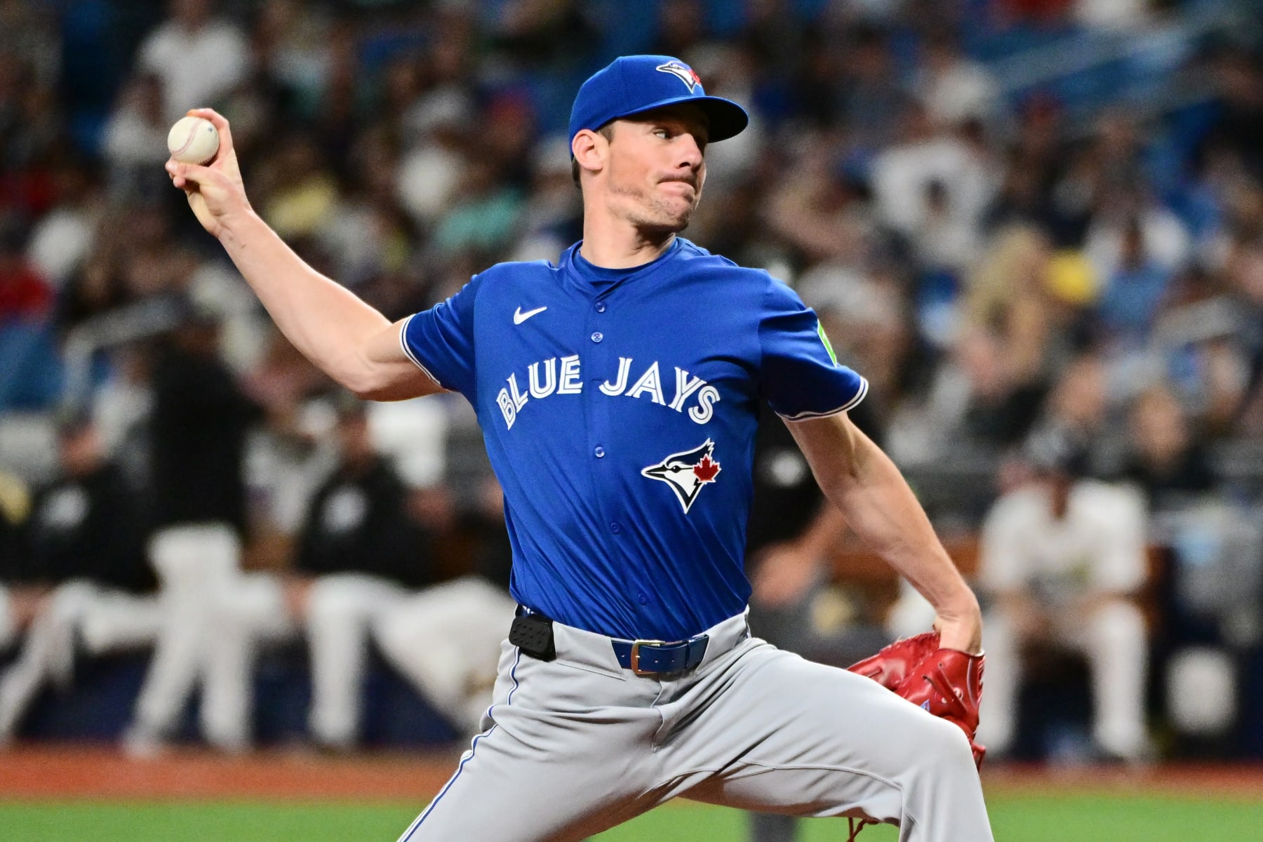 ST PETERSBURG, FLORIDA - MARCH 29: Chris Bassitt #40 of the Toronto Blue Jays delivers a pitch to the Tampa Bay Rays in the first inning at Tropicana Field on March 29, 2024 in St Petersburg, Florida. (Photo by Julio Aguilar/Getty Images)