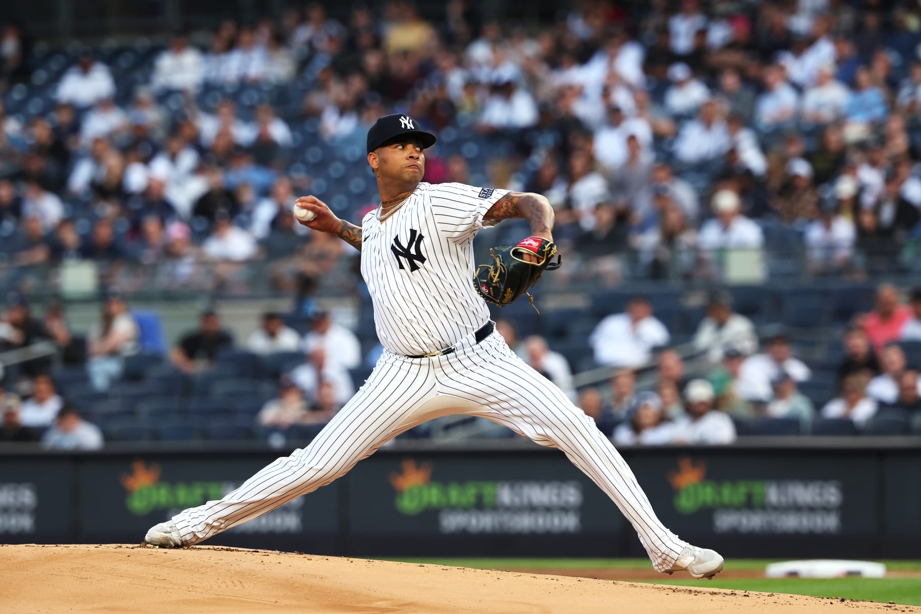 NEW YORK, NEW YORK - MAY 07: Luis Gil #81 of the New York Yankees pitches against the Houston Astros during their game at Yankee Stadium on May 07, 2024 in New York City. (Photo by Al Bello/Getty Images)