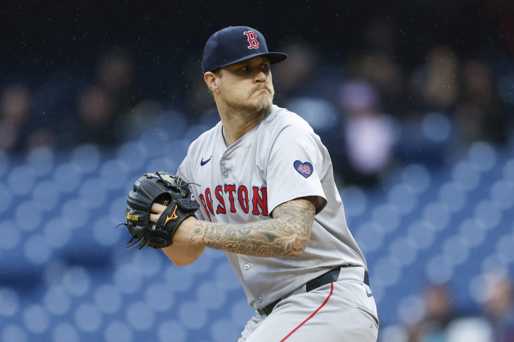 CLEVELAND, OH - APRIL 23: Tanner Houck #89 of the Boston Red Sox pitches against the Cleveland Guardians during the first inning at Progressive Field on April 23, 2024 in Cleveland, Ohio. (Photo by Ron Schwane/Getty Images)