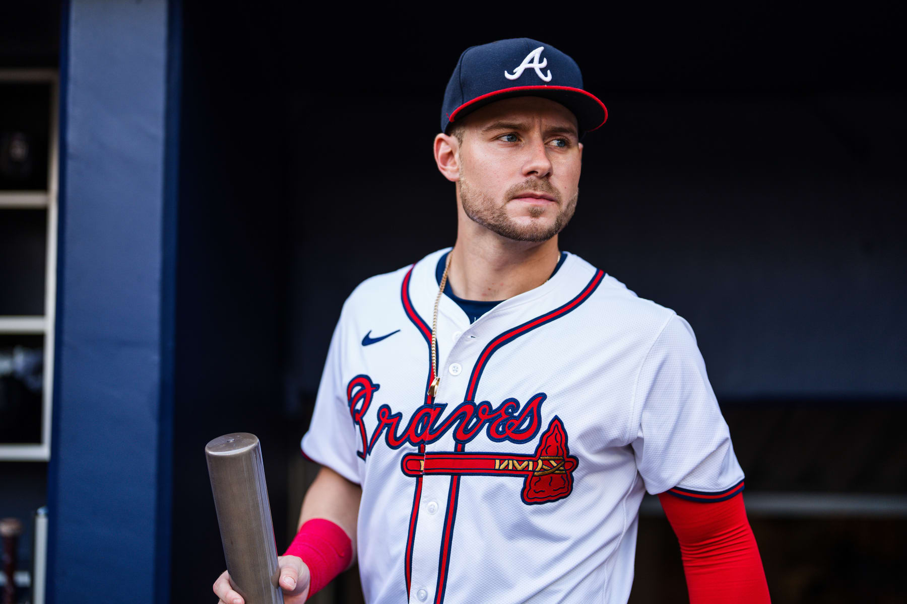 ATLANTA, GA - MAY 14: Jarred Kelenic #24 of Atlanta Braves stands in the dugout before the game against the Chicago Cubs at Truist Park on May 14, 2024 in Atlanta, Georgia. (Photo by Kevin D. Liles/Atlanta Braves/Getty Images)