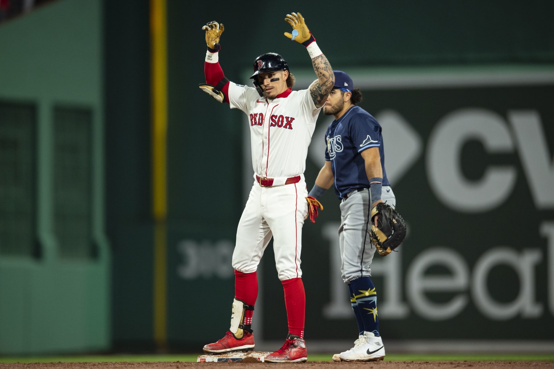 BOSTON, MA - MAY 16: Jarren Duran #16  of the Boston Red Sox reacts after hitting a double in the sixth inning against the Tampa Bay Rays on May 16, 2024 at Fenway Park in Boston, Massachusetts. (Photo by Billie Weiss/Boston Red Sox/Getty Images)