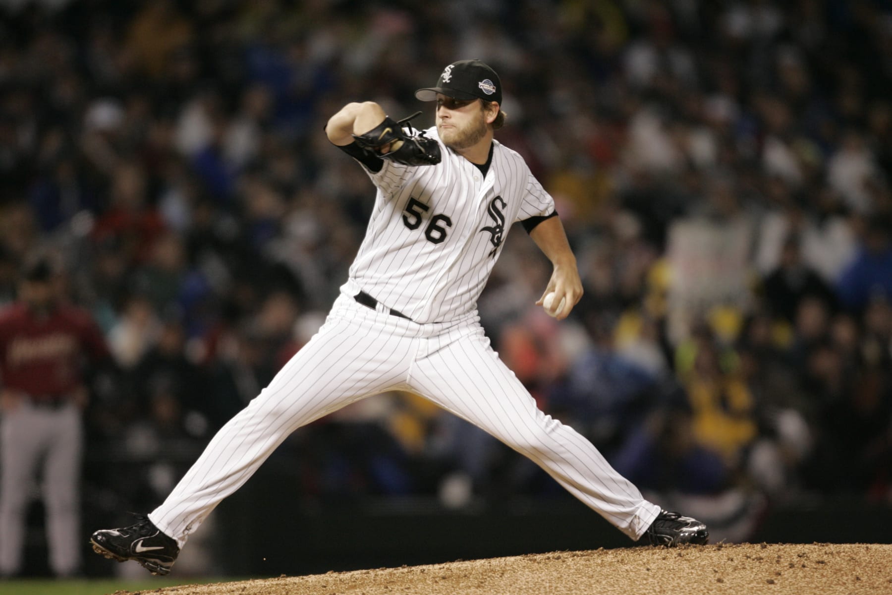 CHICAGO - OCTOBER 23:  Mark Buehrle of the Chicago White Sox pitches during the first inning of Game Two of the Major League Baseball World Series against the Houston Astros at U.S. Cellular Field on October 23, 2005 in Chicago, Illinois.  (Photo by Rich Pilling/MLB via Getty Images)