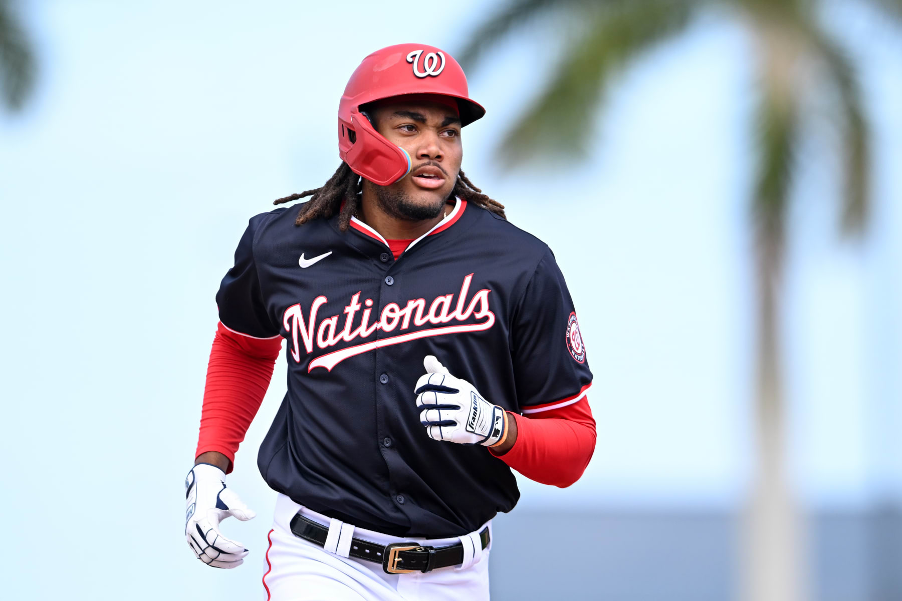 WEST PALM BEACH, FL - MARCH 21: James Wood #50 of the Washington Nationals runs the bases after hitting a solo home run during the ninth inning of a spring training game against the Minnesota Twins at CACTI Park of the Palm Beaches on March 21, 2024. (Photo by Nick Cammett for The Washington Post via Getty Images)