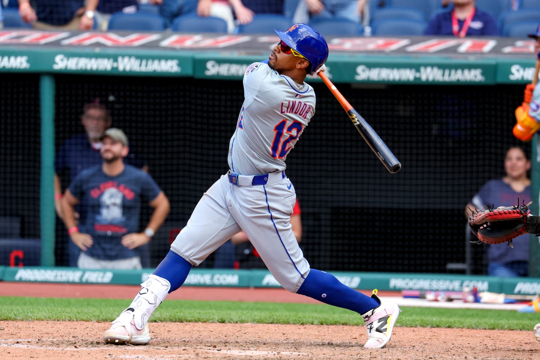 CLEVELAND, OH - MAY 22: New York Mets shortstop Francisco Lindor (12) doubles during the ninth inning of the Major League Baseball Interleague game between the New York Mets and Cleveland Guardians on May 22, 2024, at Progressive Field in Cleveland, OH. (Photo by Frank Jansky/Icon Sportswire via Getty Images)