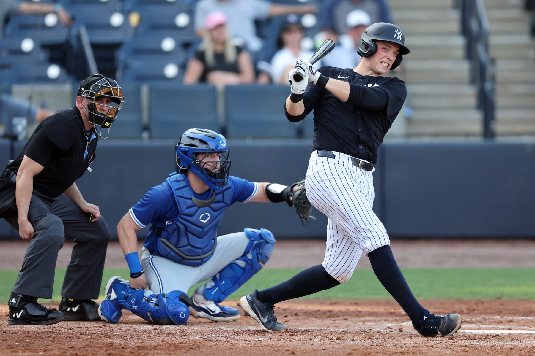TAMPA BAY,  - MARCH 16:  Ben Rice #48 of the New York Yankees bats during the 2024 Spring Breakout Game between the Toronto Blue Jays and the New York Yankees at George M. Steinbrenner Field on Saturday, March 16, 2024 in Tampa Bay, Florida. (Photo by Mike Carlson/MLB Photos via Getty Images)