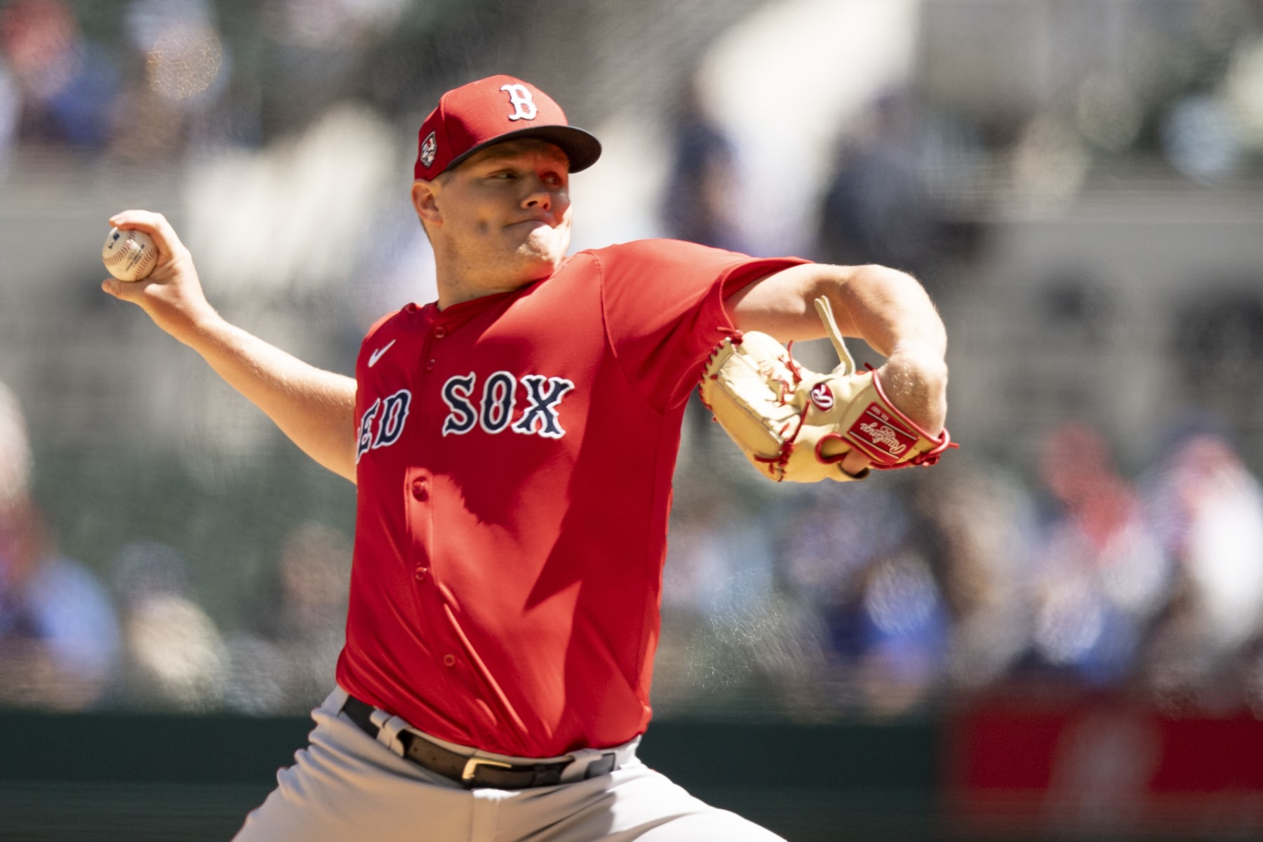 ARLINGTON, TEXAS - MARCH 26: Richard Fitts #80 pitches during an exhibition game against the Texas Rangers at Globe Life Field on March 26, 2024 in Arlington, Texas. (Photo by Maddie Malhotra/Boston Red Sox/Getty Images)