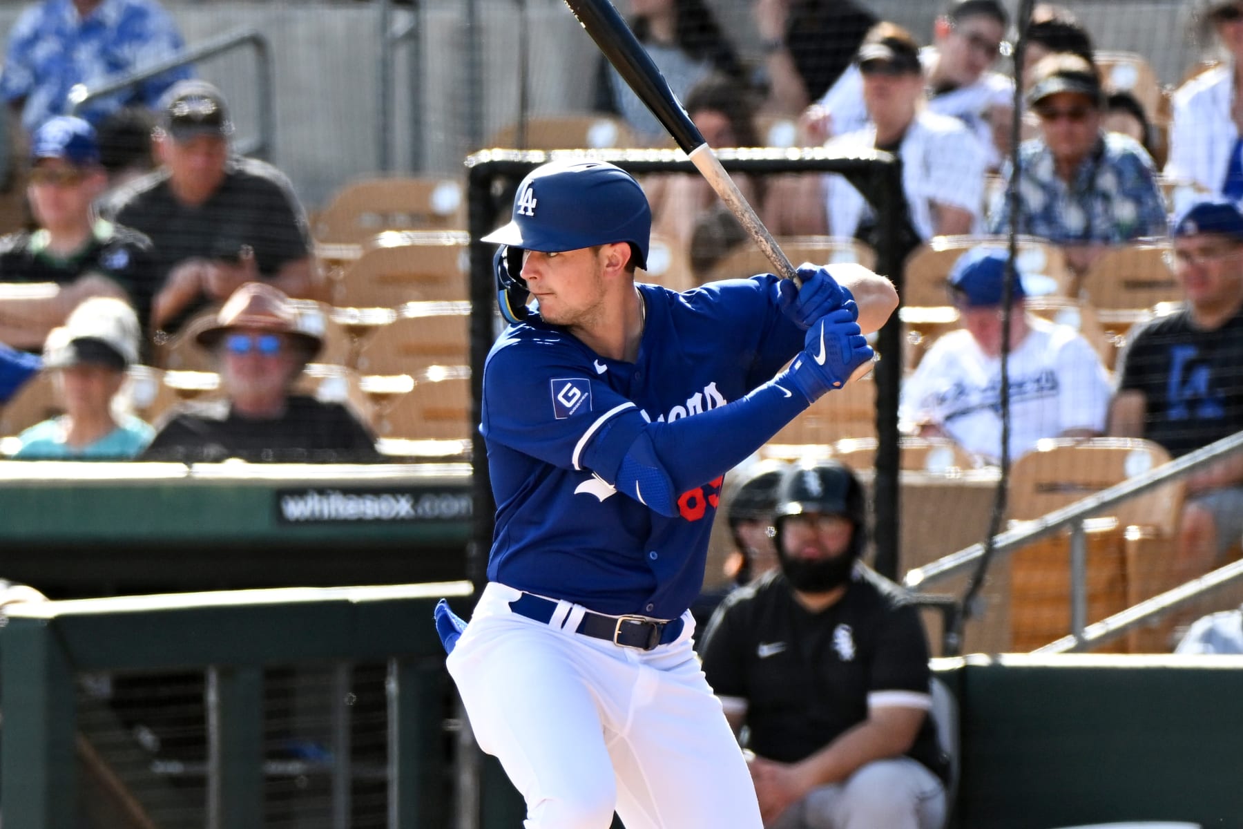 GLENDALE, ARIZONA - FEBRUARY 27, 2024: Trey Sweeney #89 of the Los Angeles Dodgers bats during the eighth inning of a spring training game against the Chicago White Sox at Camelback Ranch on February 27, 2024 in Glendale, Arizona. (Photo by David Durochik/Diamond Images via Getty Images)