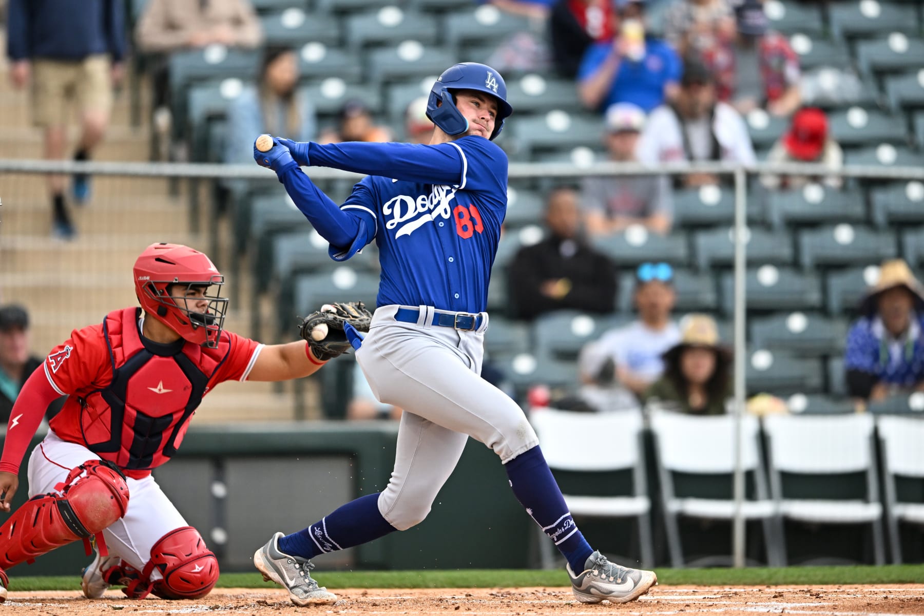 TEMPE, ARIZONA - MARCH 16, 2024: Trey Sweeney #89 of the Los Angeles Dodgers bats during the second inning of a spring training Spring Breakout game against the Los Angeles Angels at Tempe Diablo Stadium on March 16, 2024 in Tempe, Arizona. (Photo by Chris Bernacchi/Diamond Images via Getty Images)