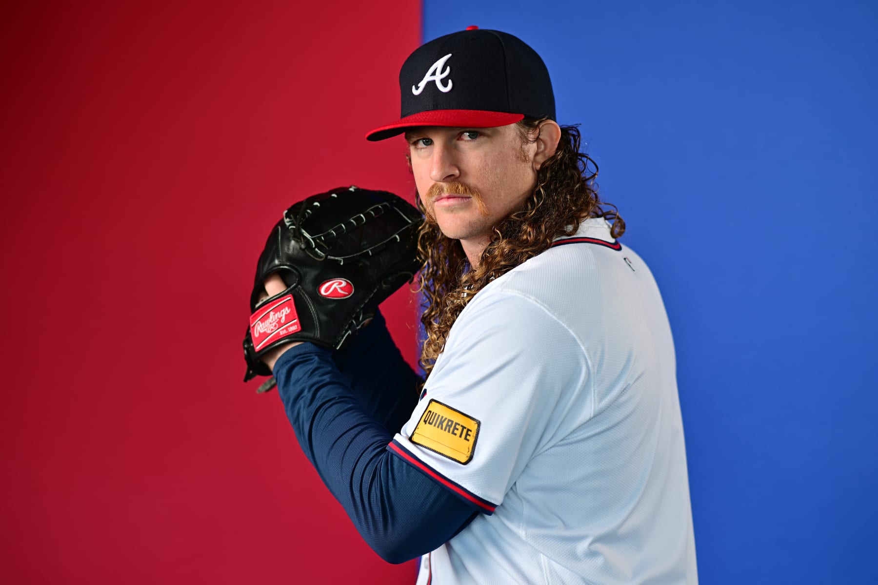 NORTH PORT, FLORIDA - FEBRUARY 23: Grant Holmes #86 of the Atlanta Braves poses during the 2024 Atlanta Braves Photo Day at CoolToday Park on February 23, 2024 in North Port, Florida. (Photo by Julio Aguilar/Getty Images)