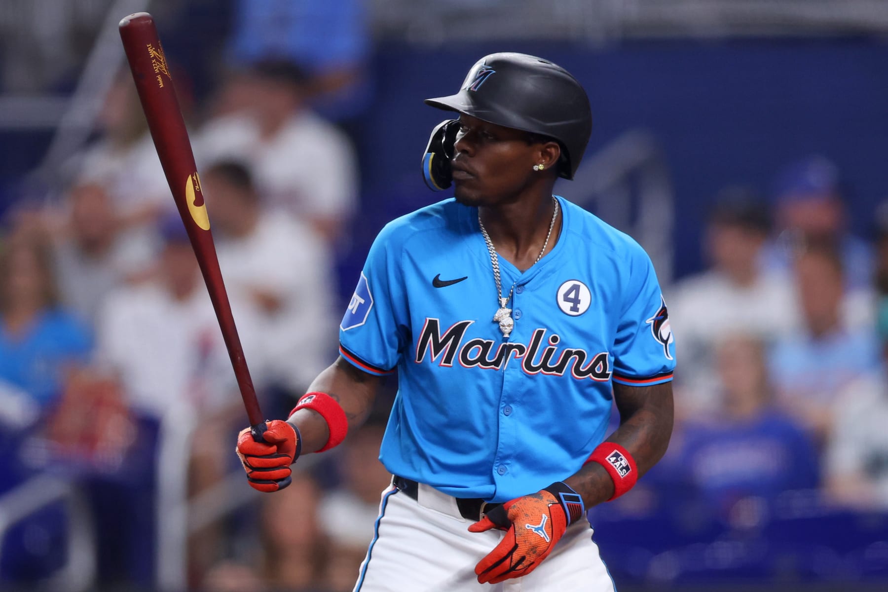 MIAMI, FLORIDA - JUNE 02: Jazz Chisholm Jr. #2 of the Miami Marlins at bat against the Texas Rangers during the second inning of the game at loanDepot park on June 02, 2024 in Miami, Florida. (Photo by Megan Briggs/Getty Images)