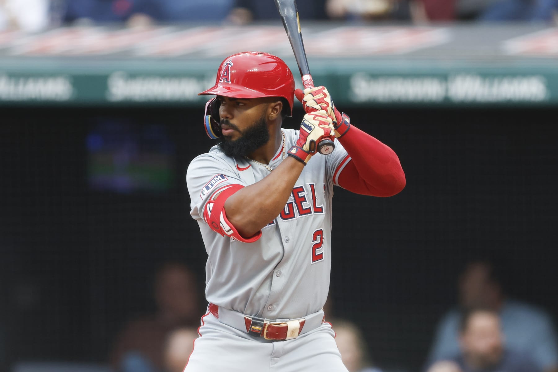 CLEVELAND, OH - MAY 03: Luis Rengifo #2 of the Los Angeles Angels bats against the Cleveland Guardians during the first inning at Progressive Field on May 03, 2024 in Cleveland, Ohio. (Photo by Ron Schwane/Getty Images)