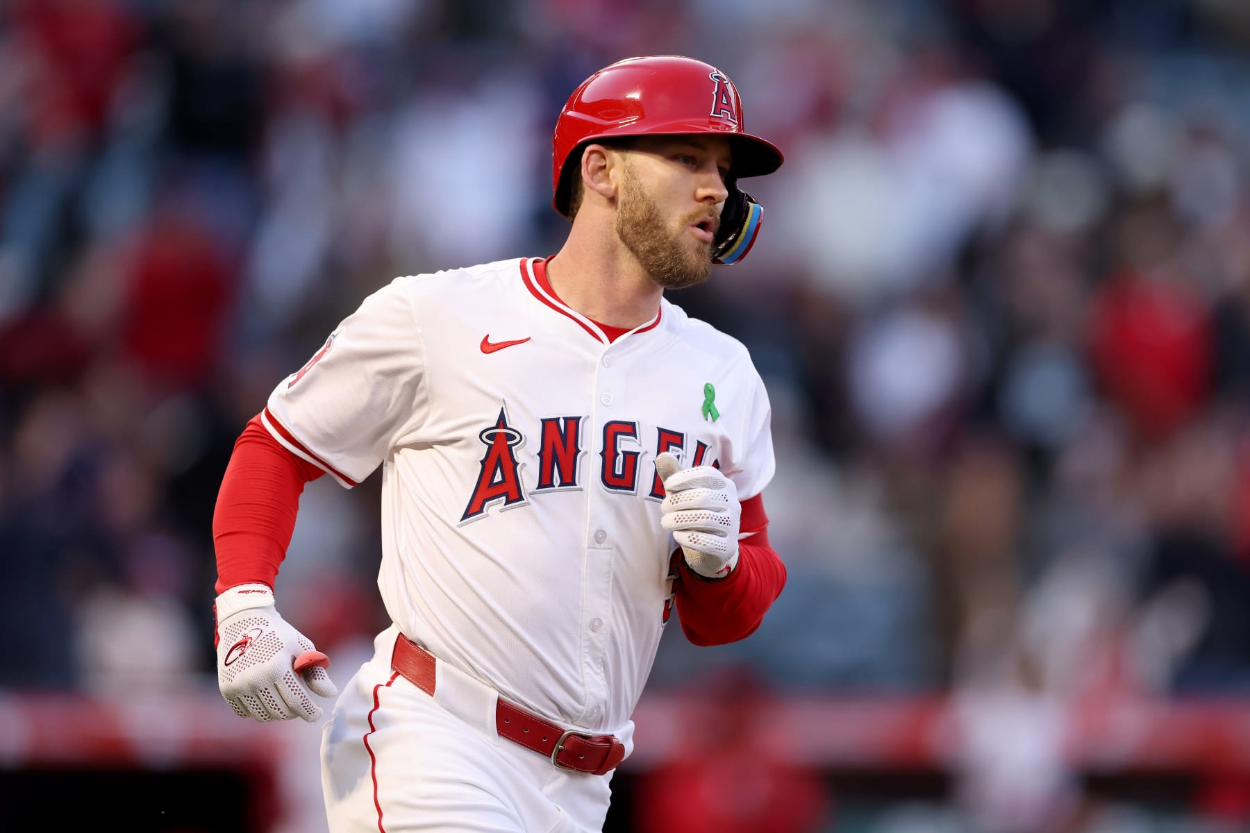 ANAHEIM, CALIFORNIA - MAY 25: Taylor Ward #3 of the Los Angeles Angels looks on after hitting a three run home run during the third inning against the Cleveland Guardians at Angel Stadium of Anaheim on May 25, 2024 in Anaheim, California. (Photo by Katelyn Mulcahy/Getty Images)
