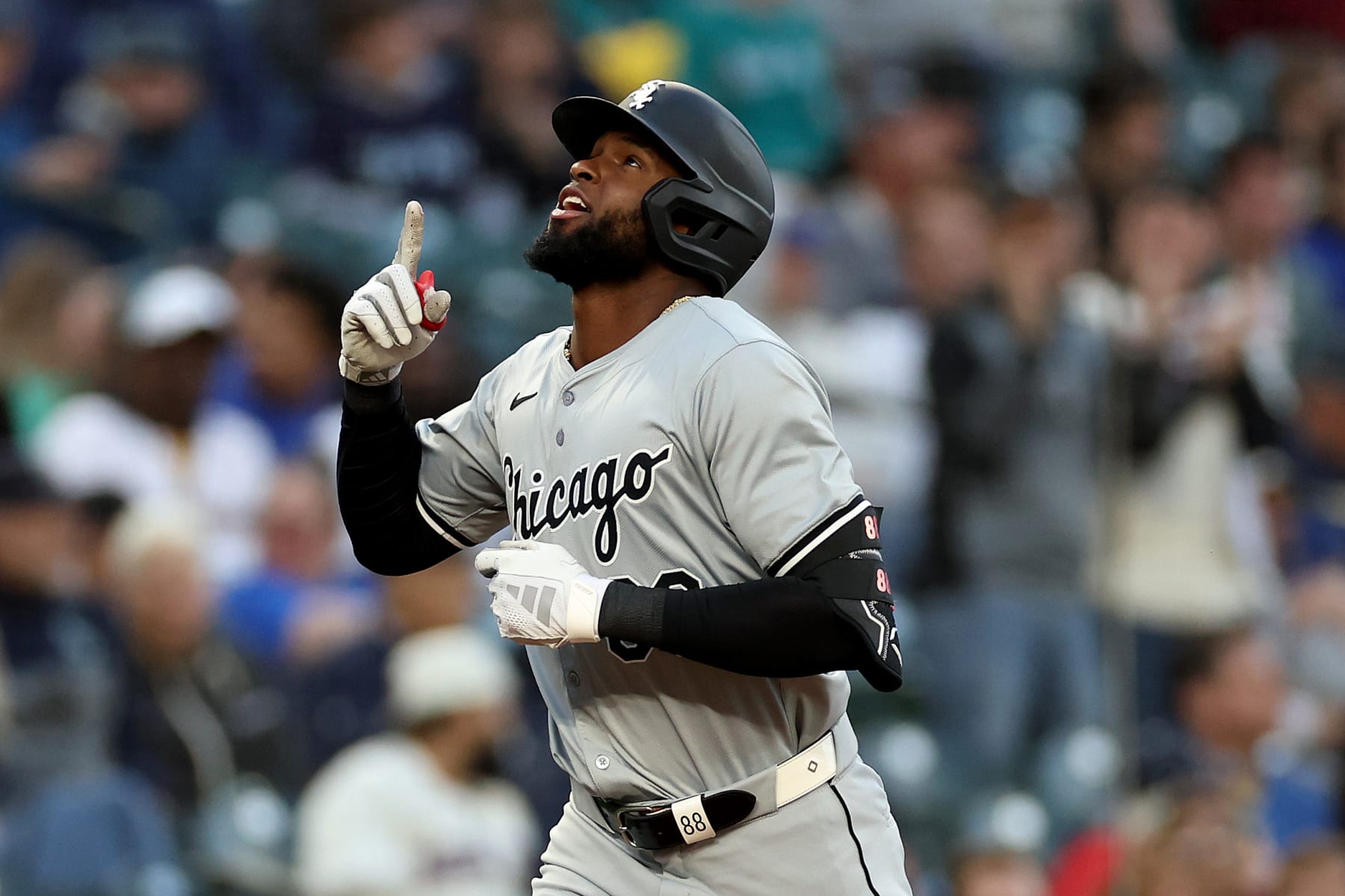 SEATTLE, WASHINGTON - JUNE 12: Luis Robert Jr. #88 of the Chicago White Sox celebrates his home run during the ninth inning against the Seattle Mariners at T-Mobile Park on June 12, 2024 in Seattle, Washington. (Photo by Steph Chambers/Getty Images)